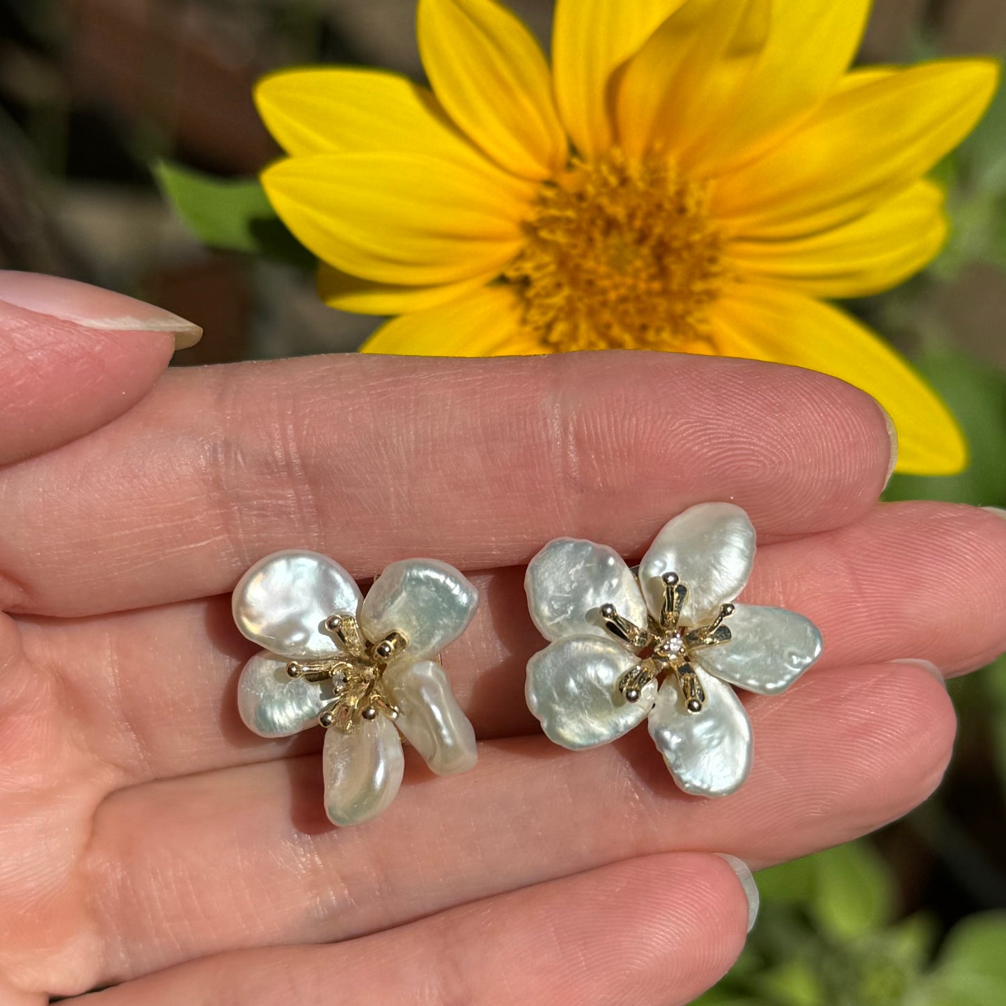 Estate 14k + Keshi Pearl Flower Earrings
