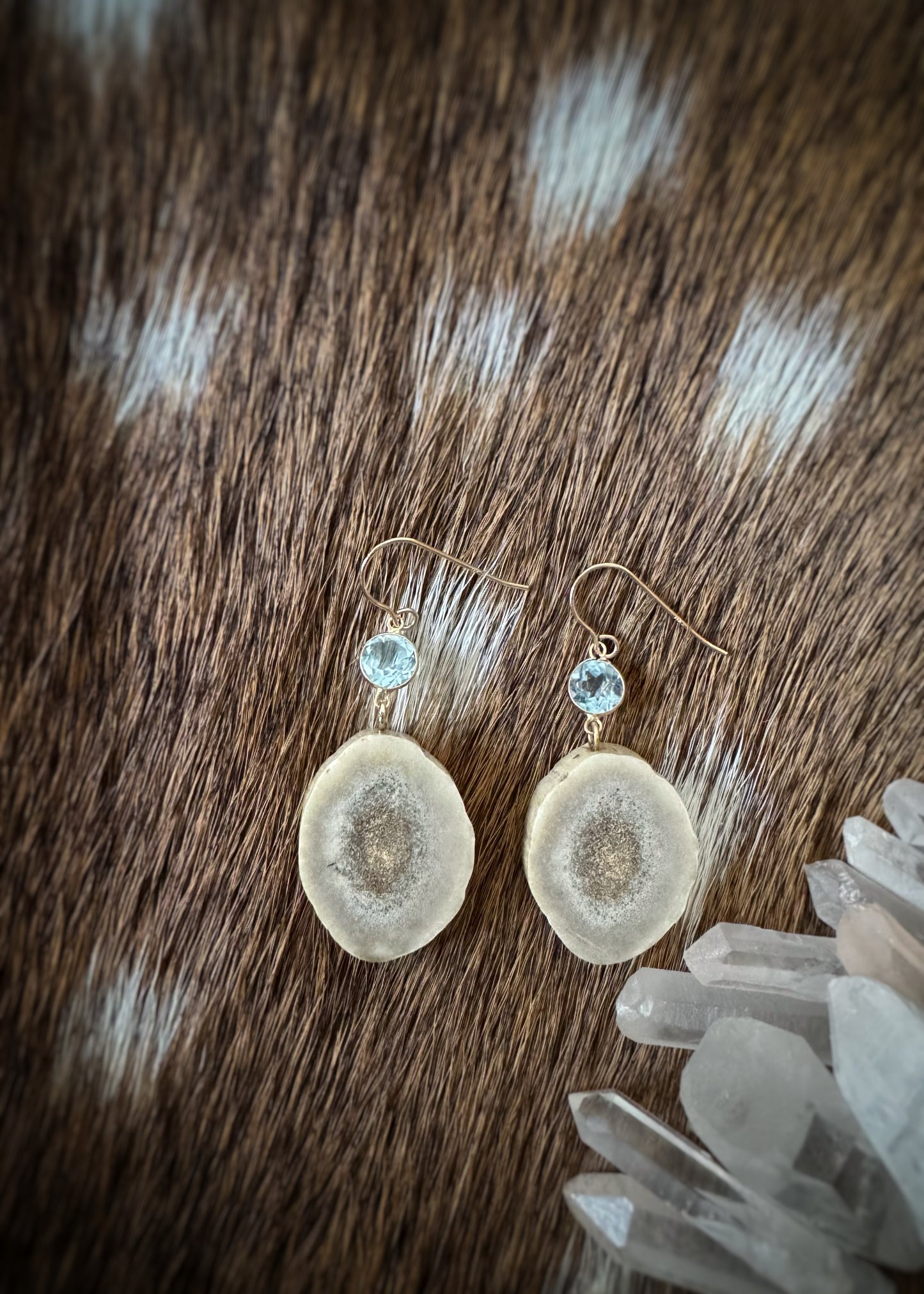 14k + Blue Topaz & Antler Slice Earrings