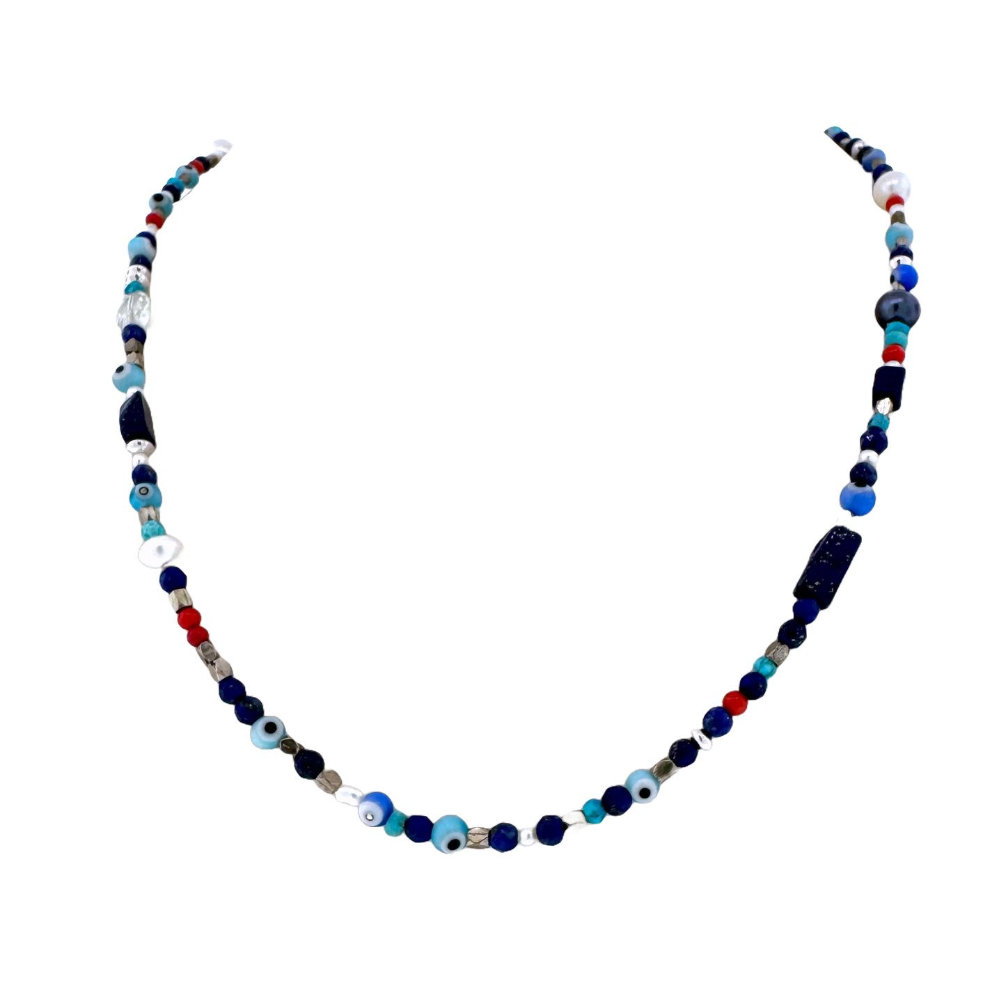 Sterling + Mixed Gems Evil Eye Beaded Necklace