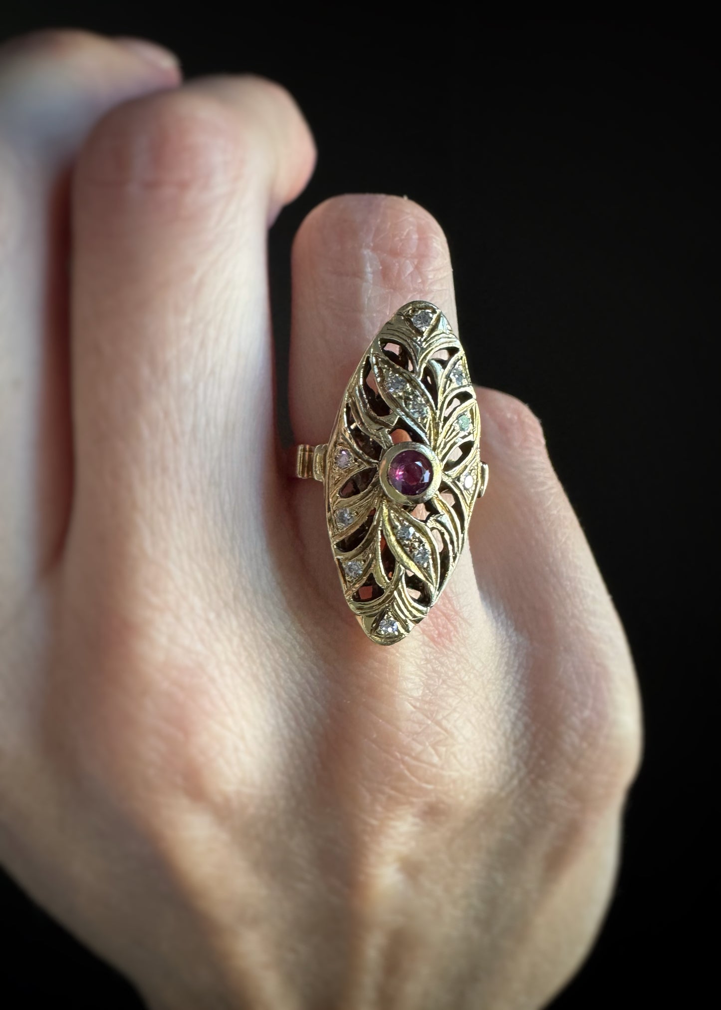 Estate 14k + Ruby and Diamond Navette Ring