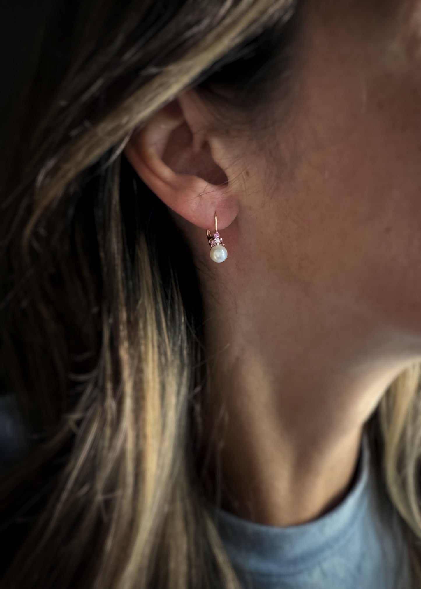 Estate 14k + Pink Sapphire and Pearl Earrings