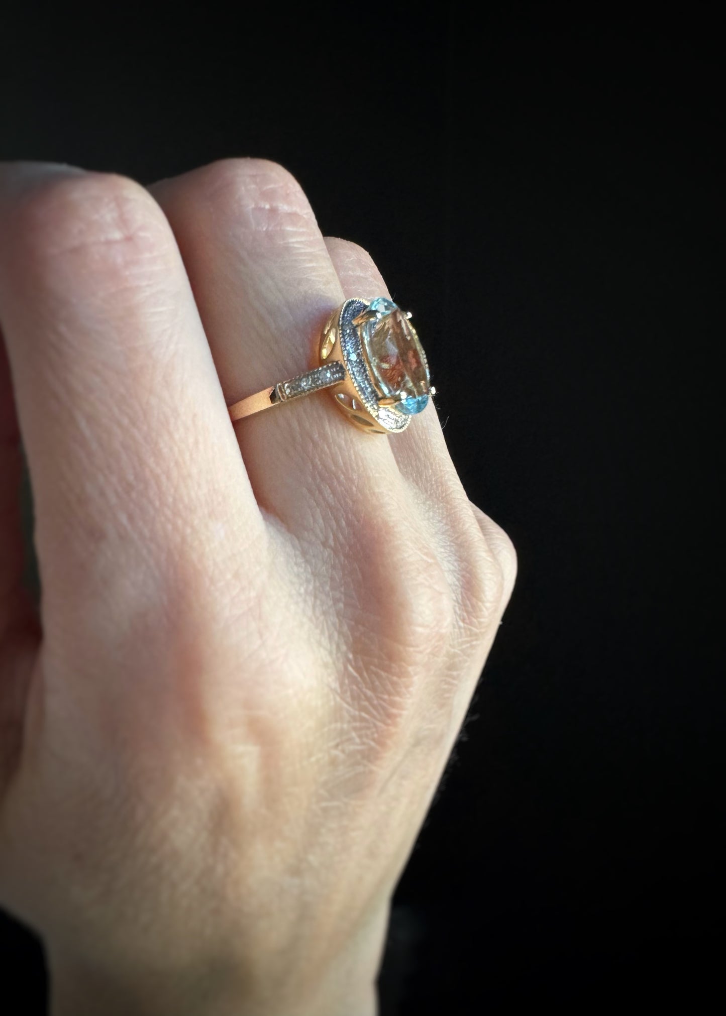 Estate 14k + Aquamarine and Diamond Ring
