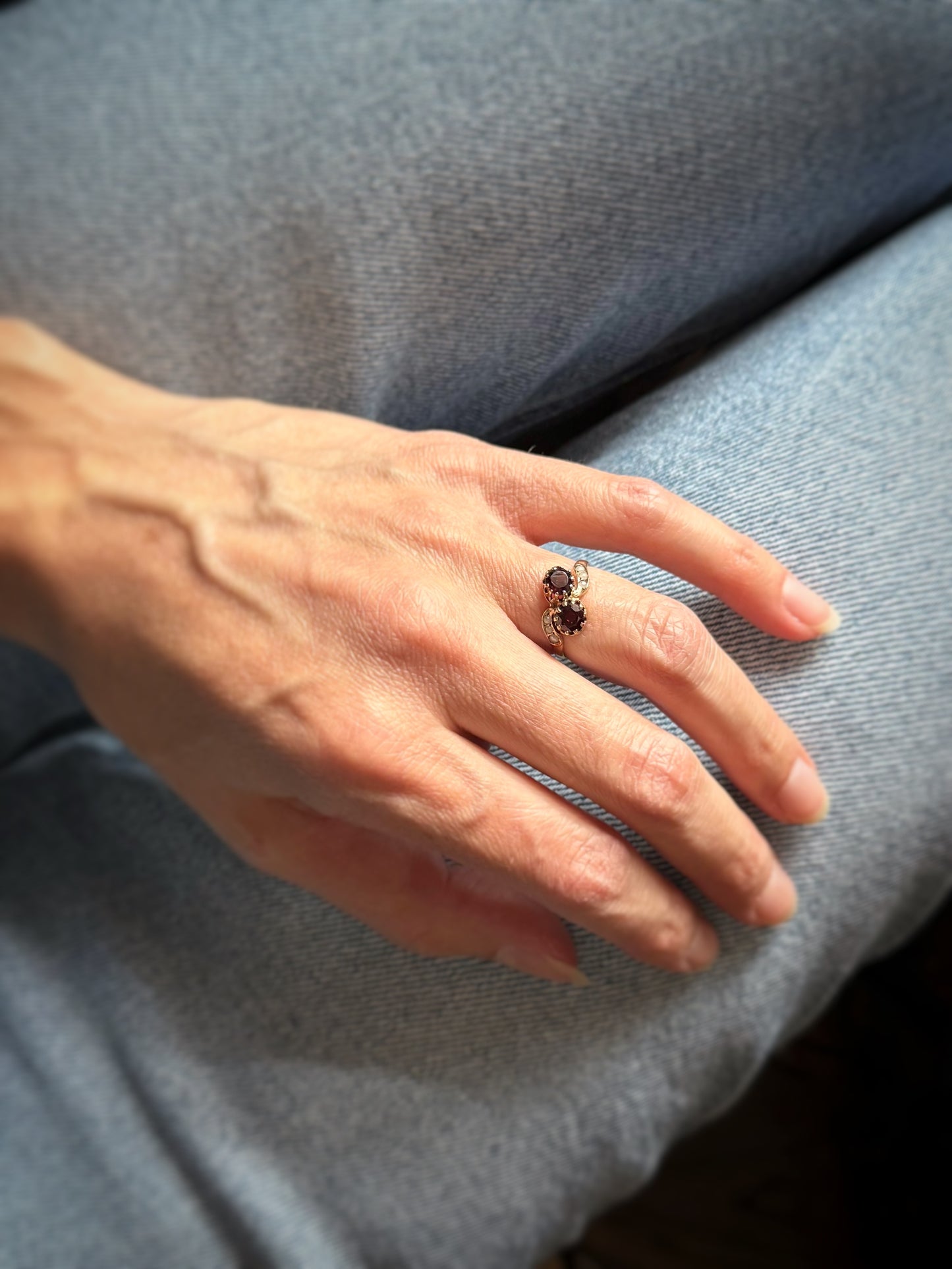 Estate 14k + Garnet and Pearl Toi et Moi Ring