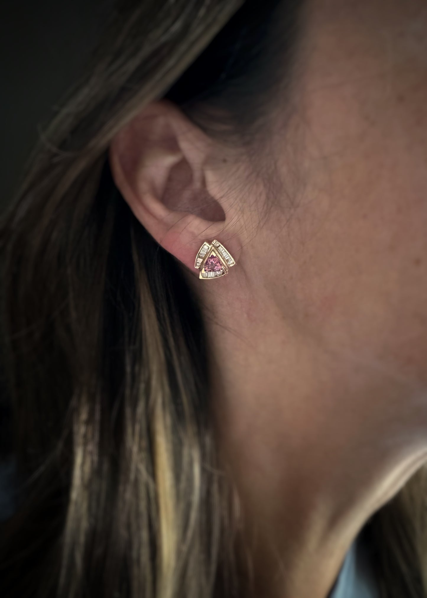 Estate Retro 14k + Pink Tourmaline and Diamond Earrings