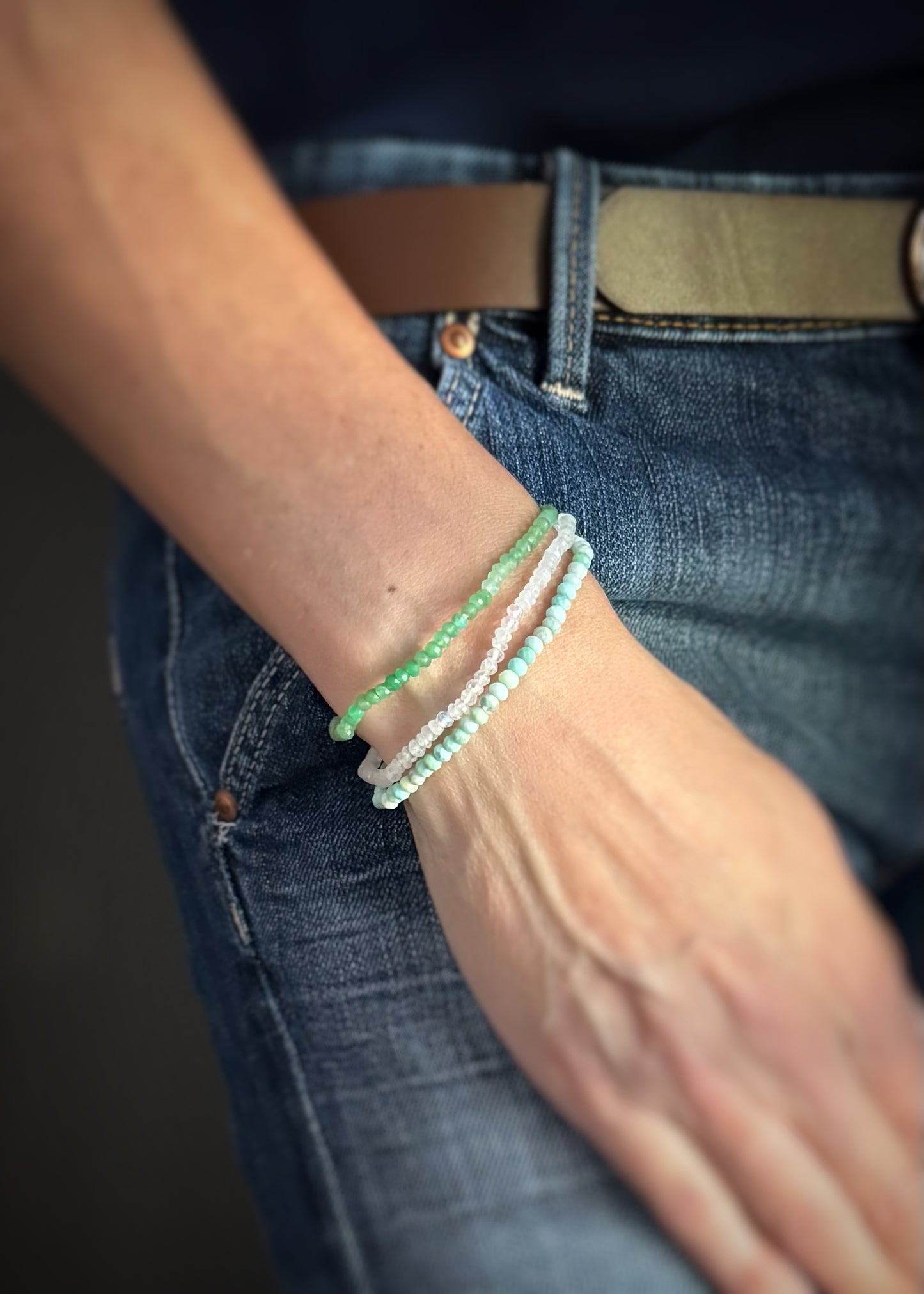 Faceted Prase Opal Bead Stretch Bracelet