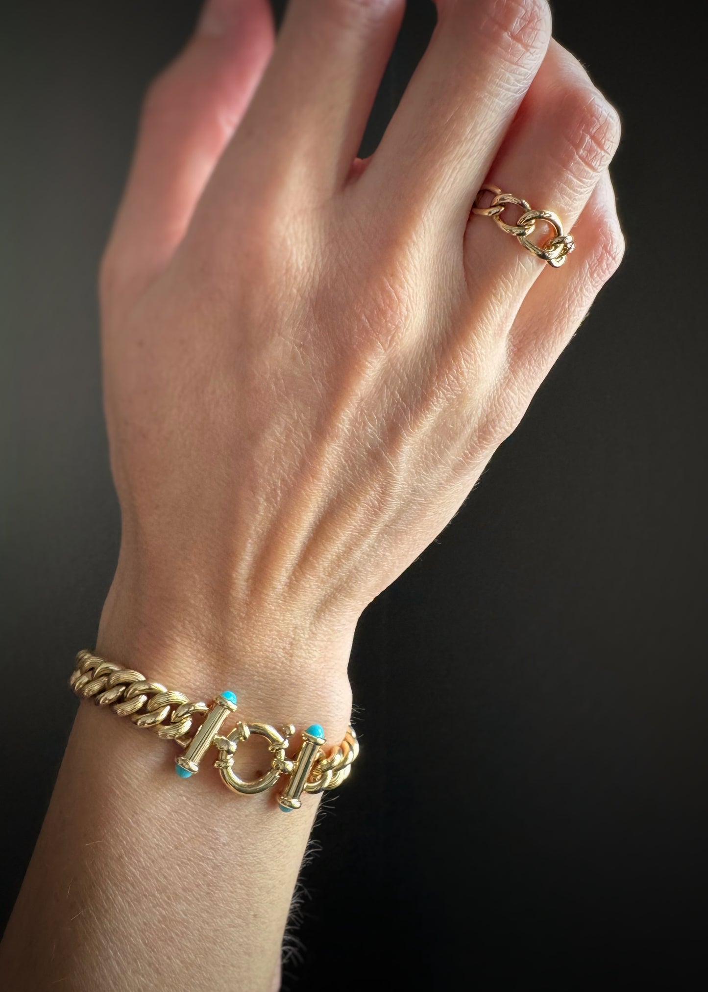 Estate 14k + Curb Chain Bracelets w/ Turquoise End Caps