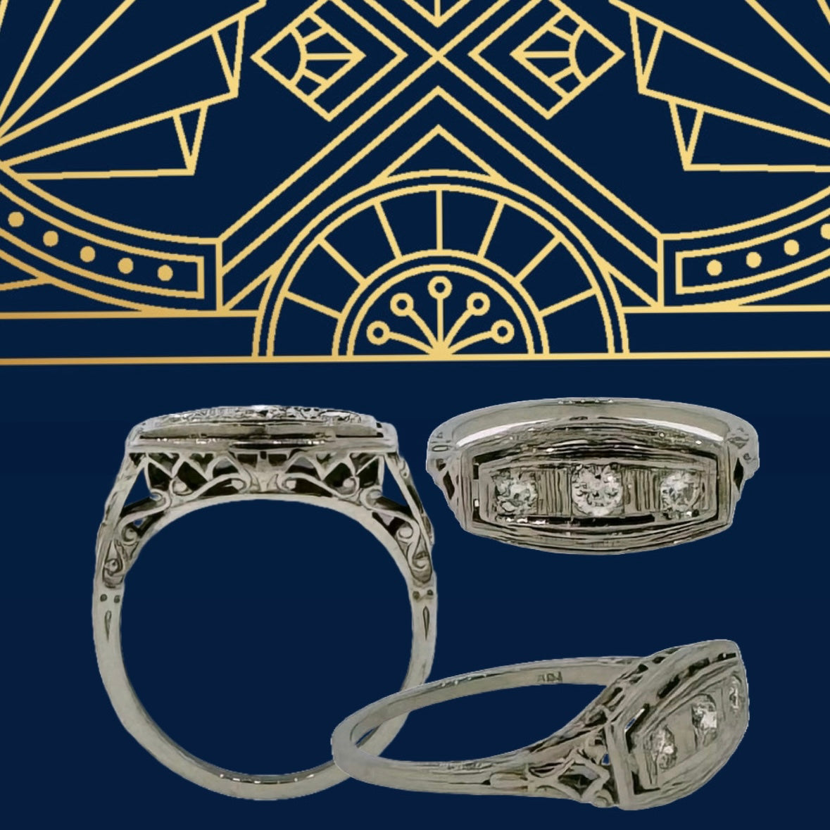 Estate 18k + Diamond Three Stone Filigree Ring