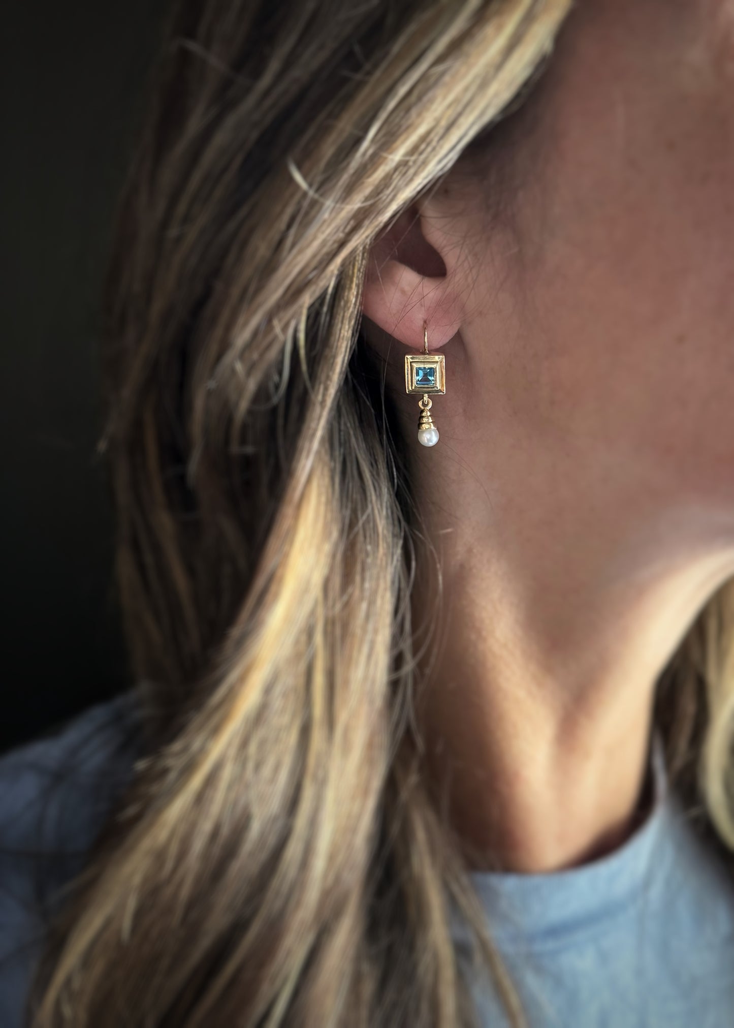 Estate 14k + Blue Topaz and Akoya Pearl Drop Earrings