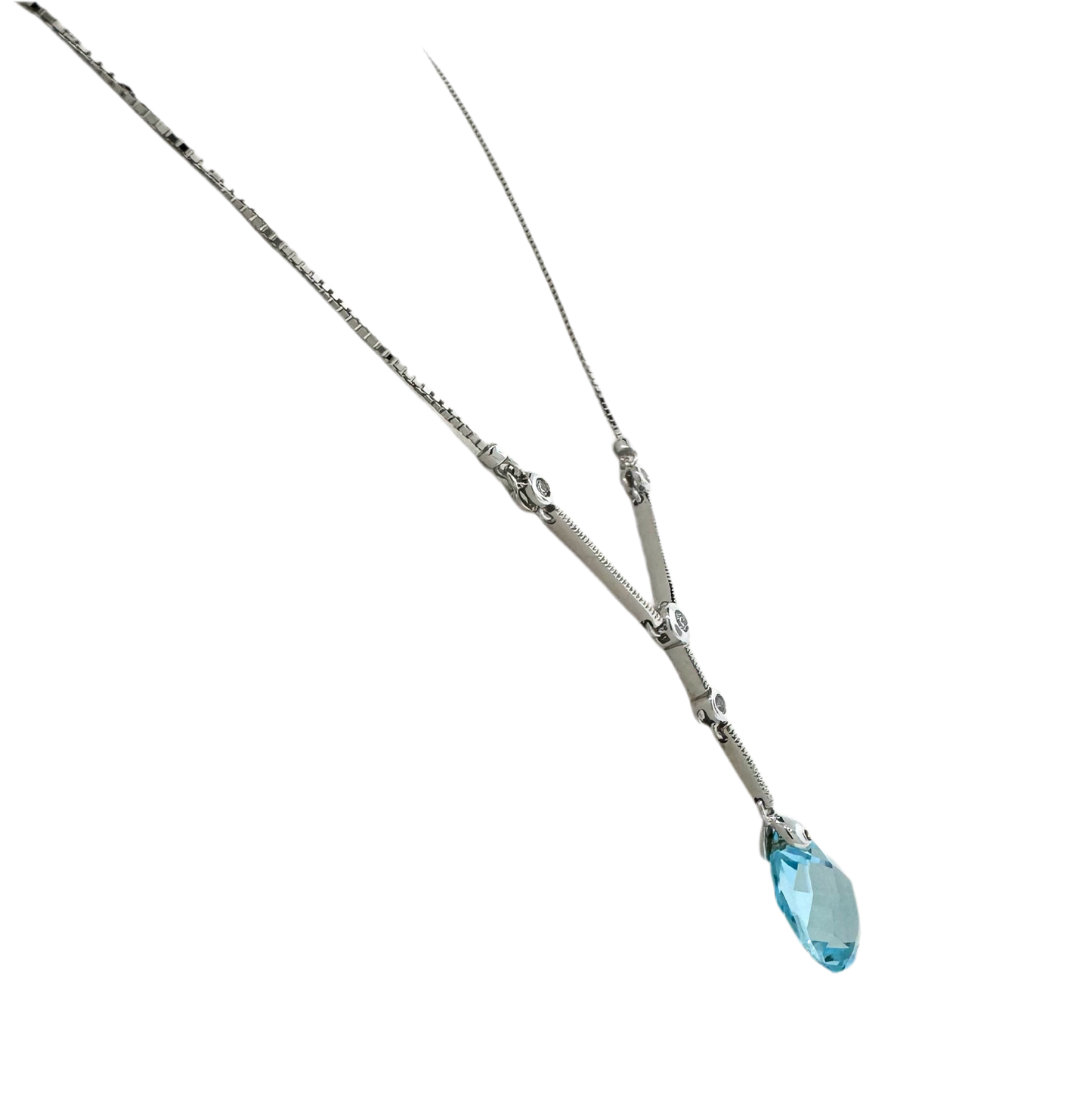 Estate 14k + Blue Topaz and Diamond Lariat 17" Necklace