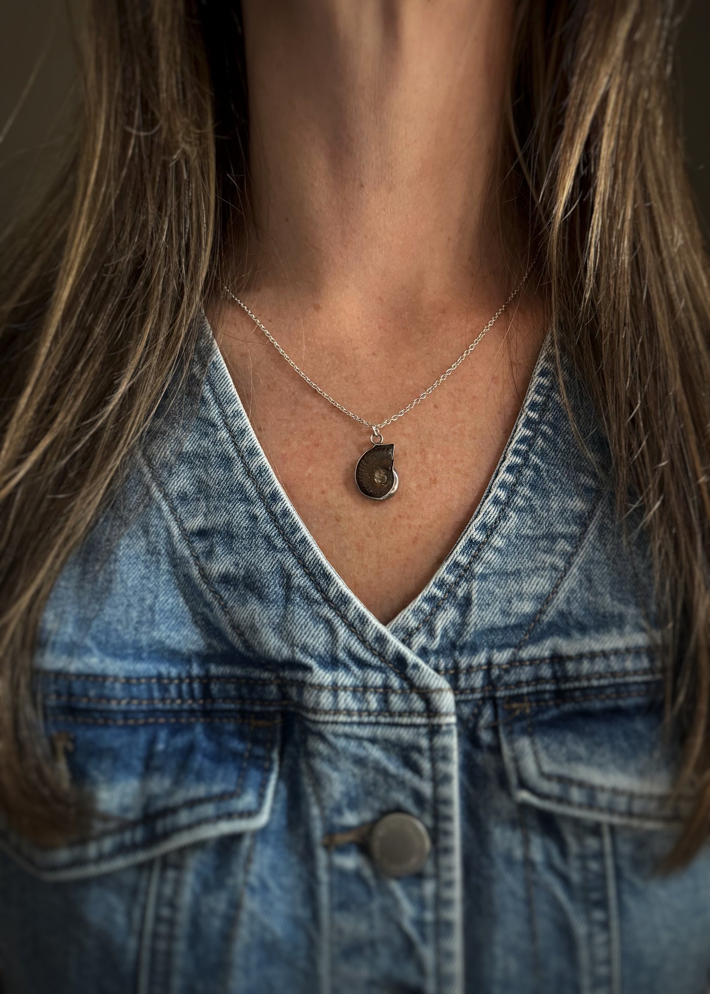 Estate Sterling Silver + Fossilized Ammonite Pendant Charm
