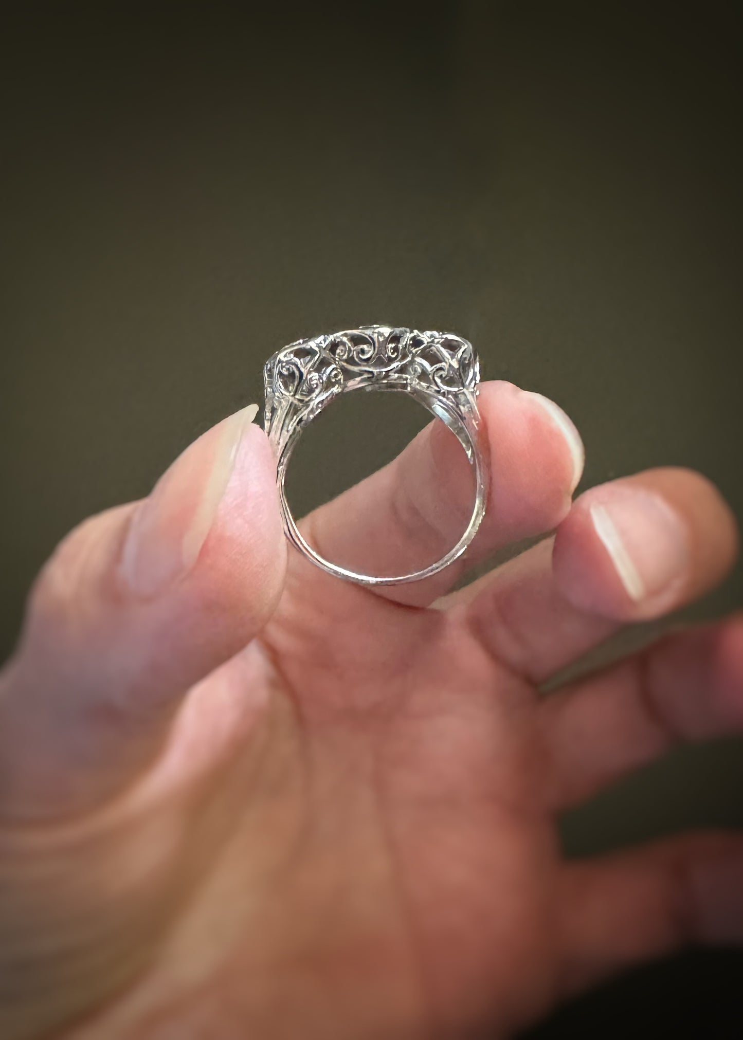 Estate 14k + Diamond Three Stone Filigree Ring