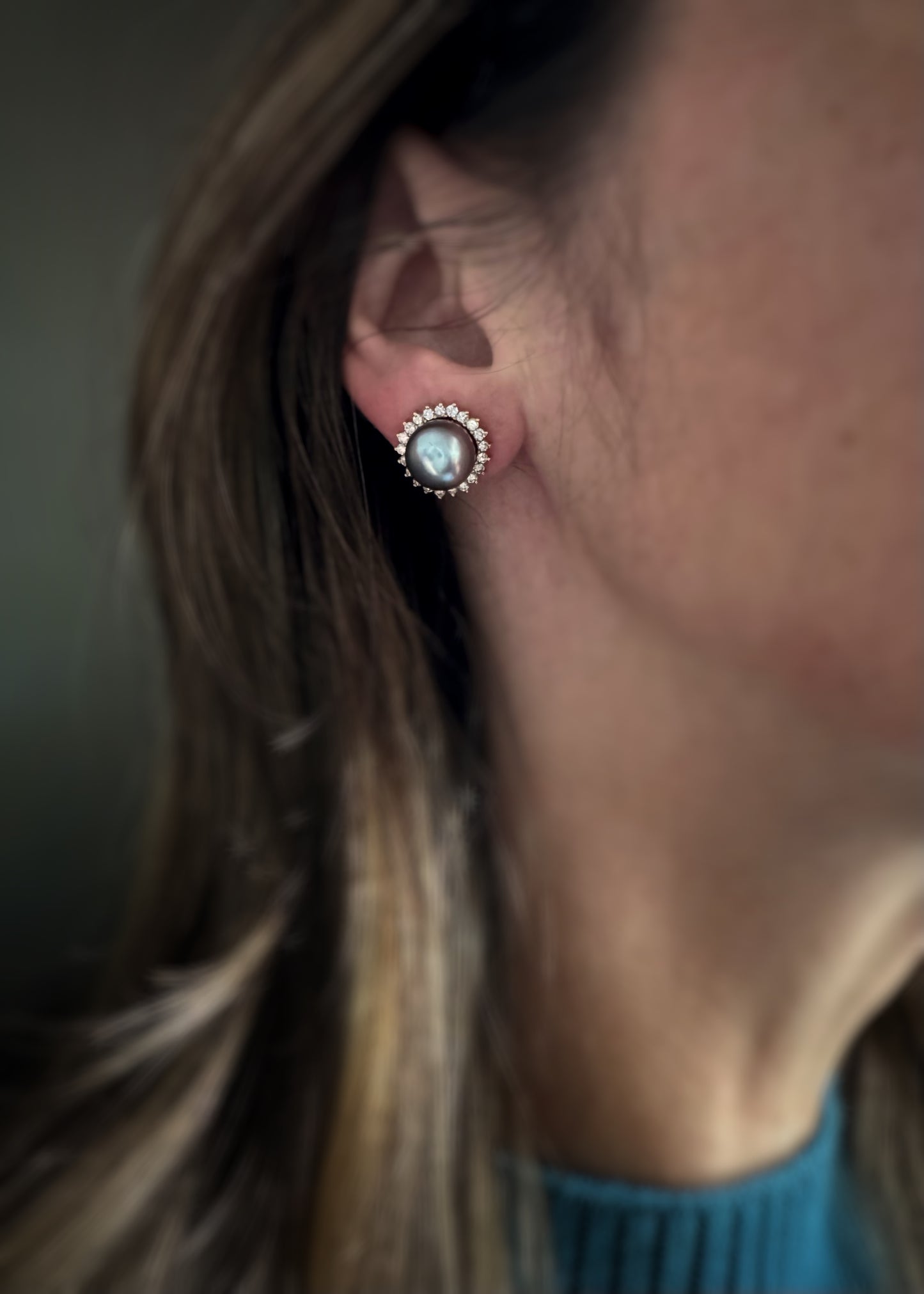 Estate 14k + Tahitian Pearl and Diamond Halo Earrings