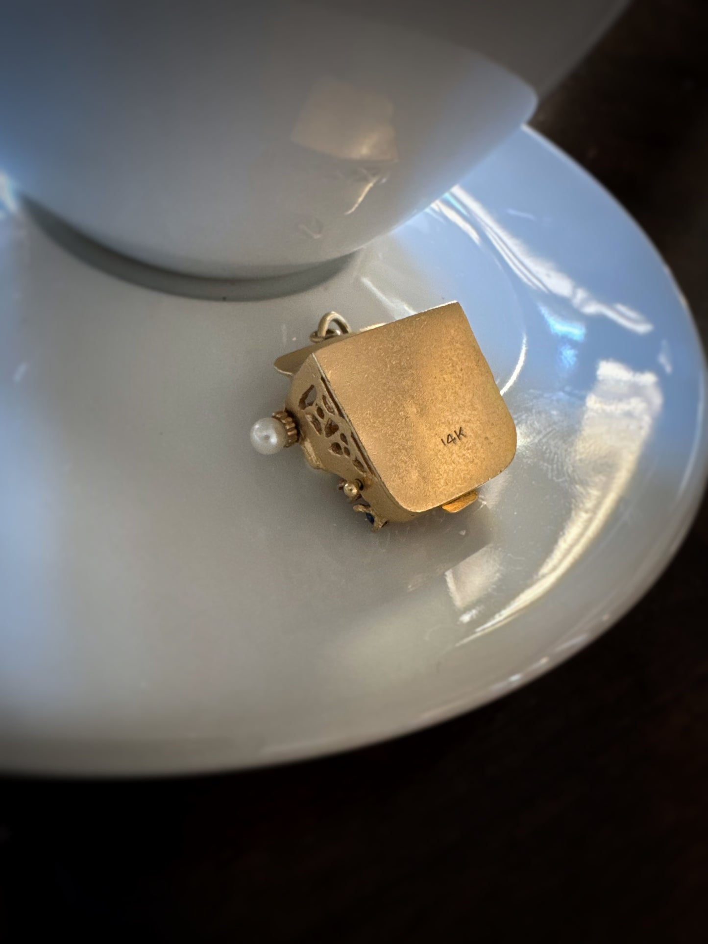 Vintage 14k + Sapphire Ruby and Pearl Typewriter Charm