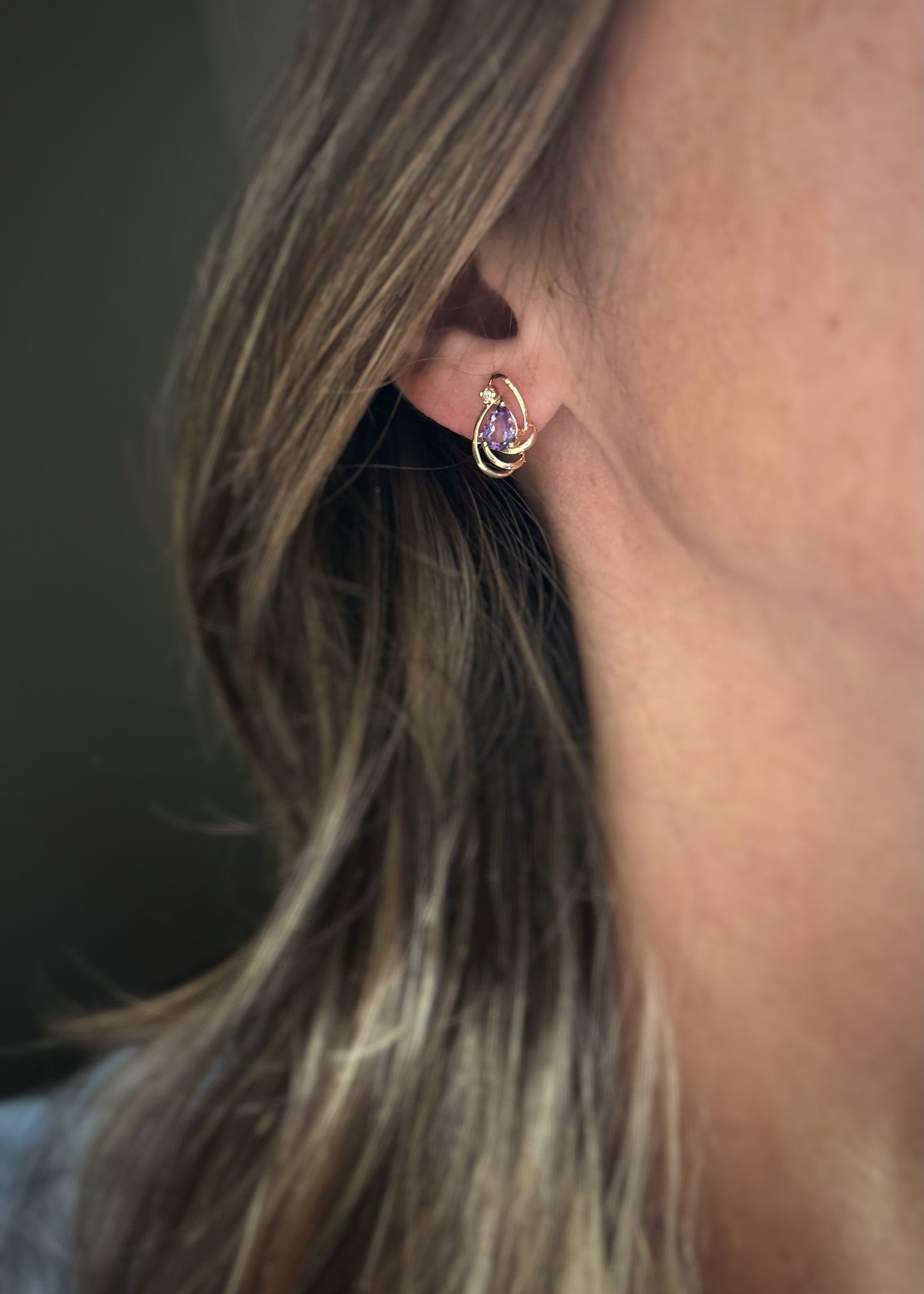 Estate 14k + Amethyst and Diamond Swirl Earrings