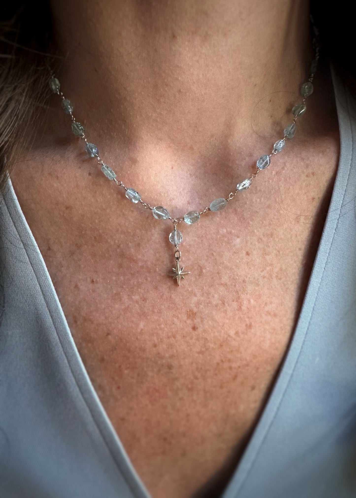 14k + Aquamarine Beaded Chain & Compass Rose Necklace