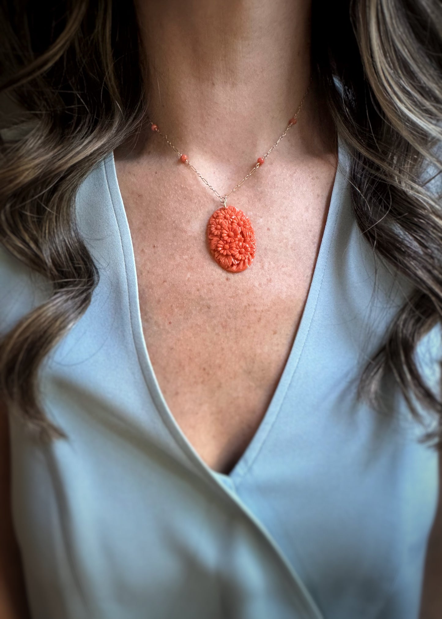 Estate 10k + Carved Coral Necklace