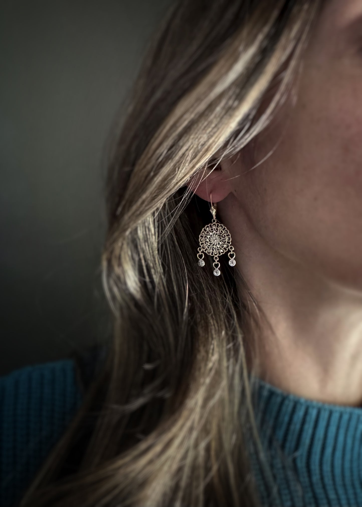 Estate 14k + Lace Cut-out Dangle Earrings