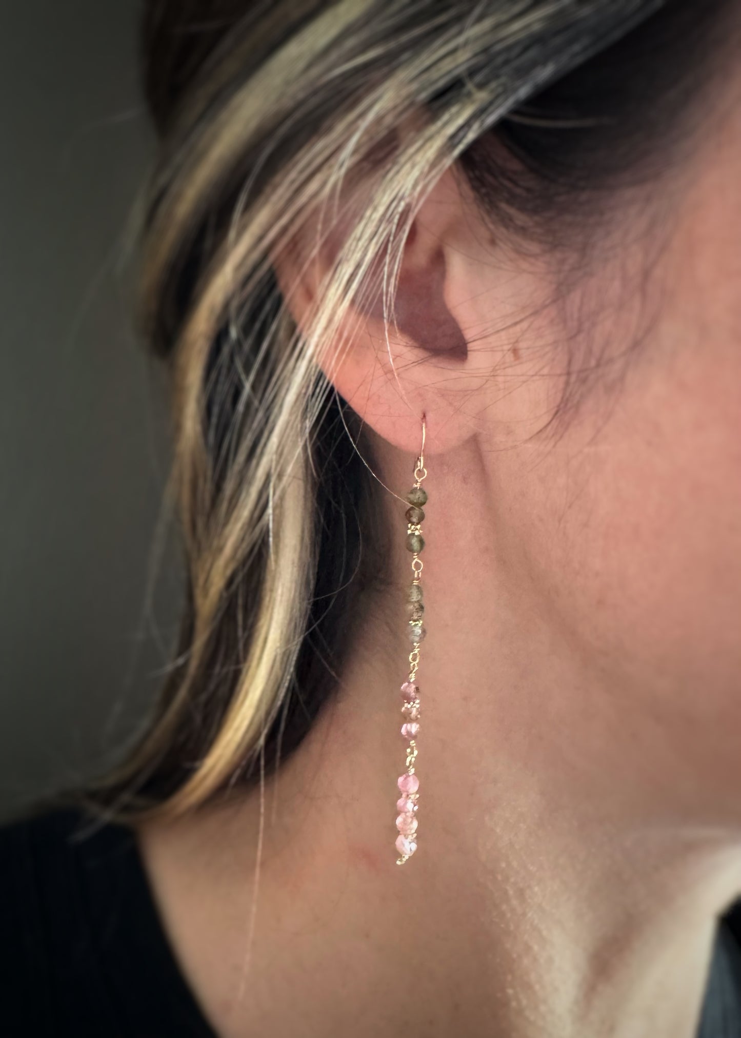 14k + Pink and Green Tourmaline Bead Earrings