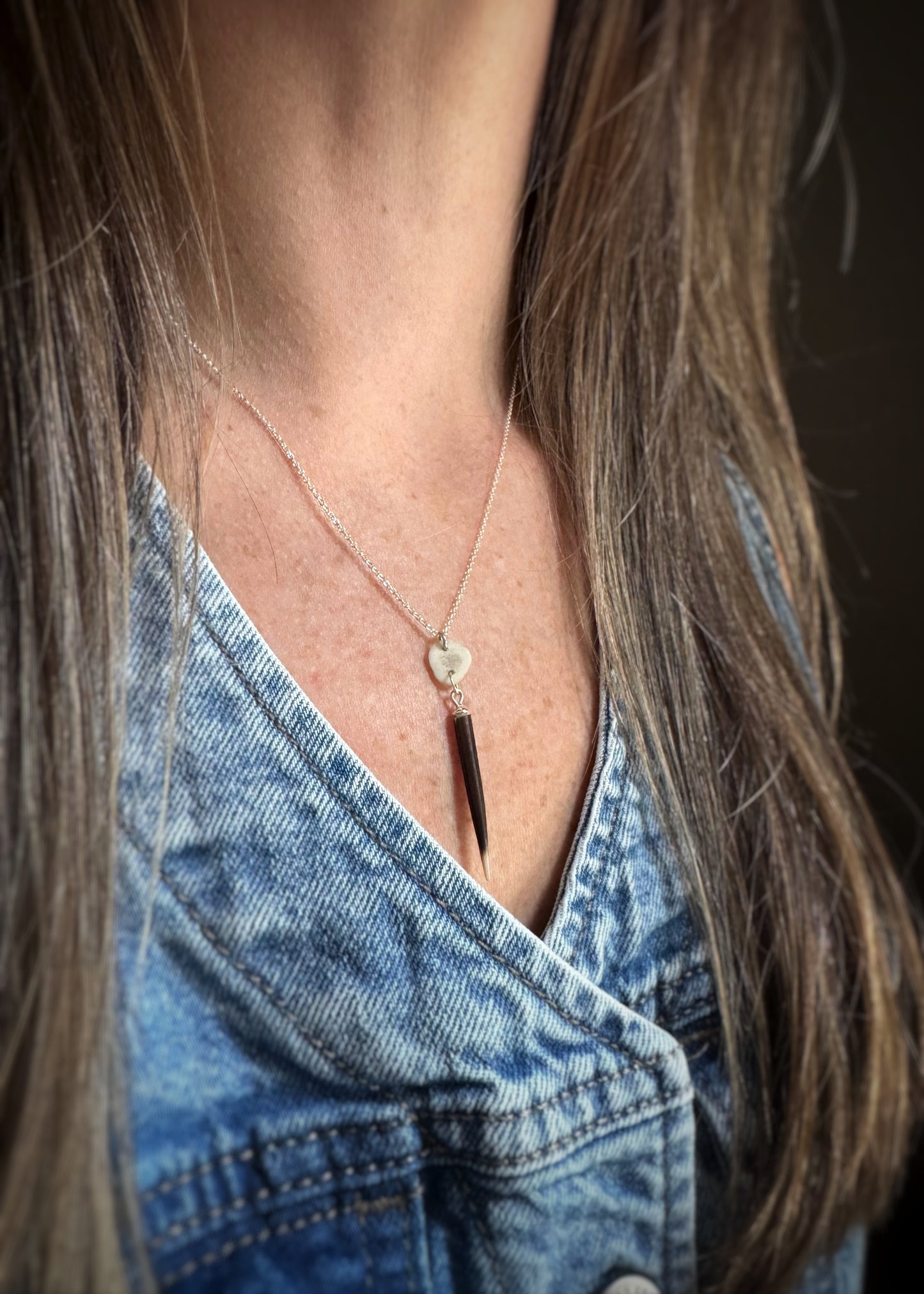 Sterling + Porcupine Quill and Antler Slice Necklace