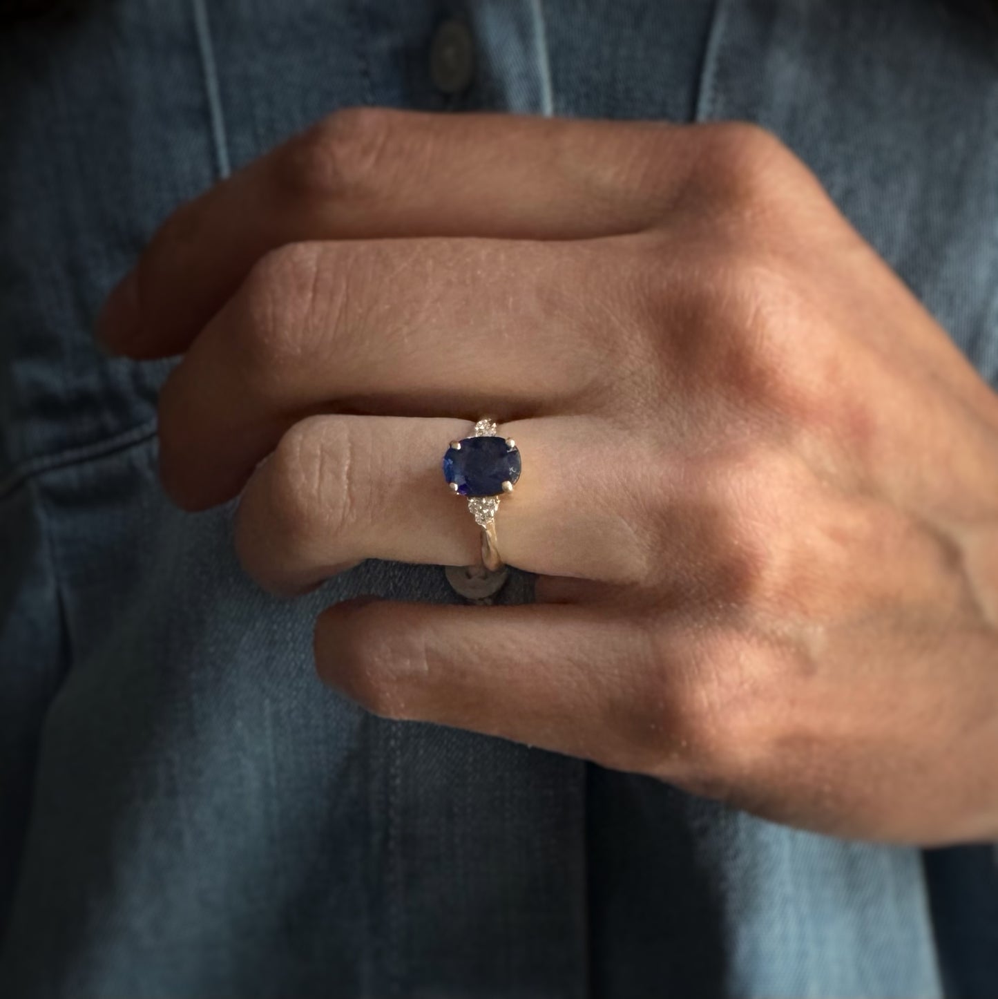 Estate 14k + Blue Sapphire and Diamond Ring