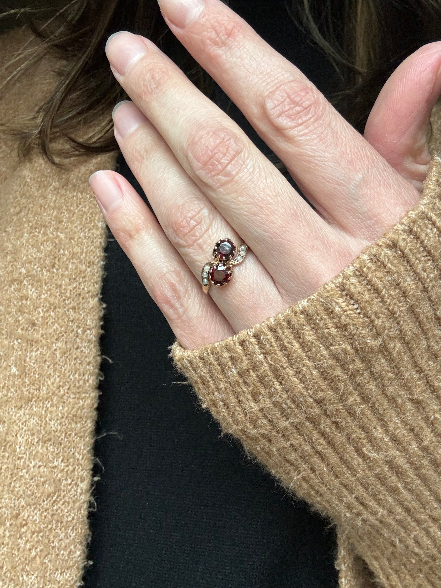 Estate 14k + Garnet and Pearl Toi et Moi Ring