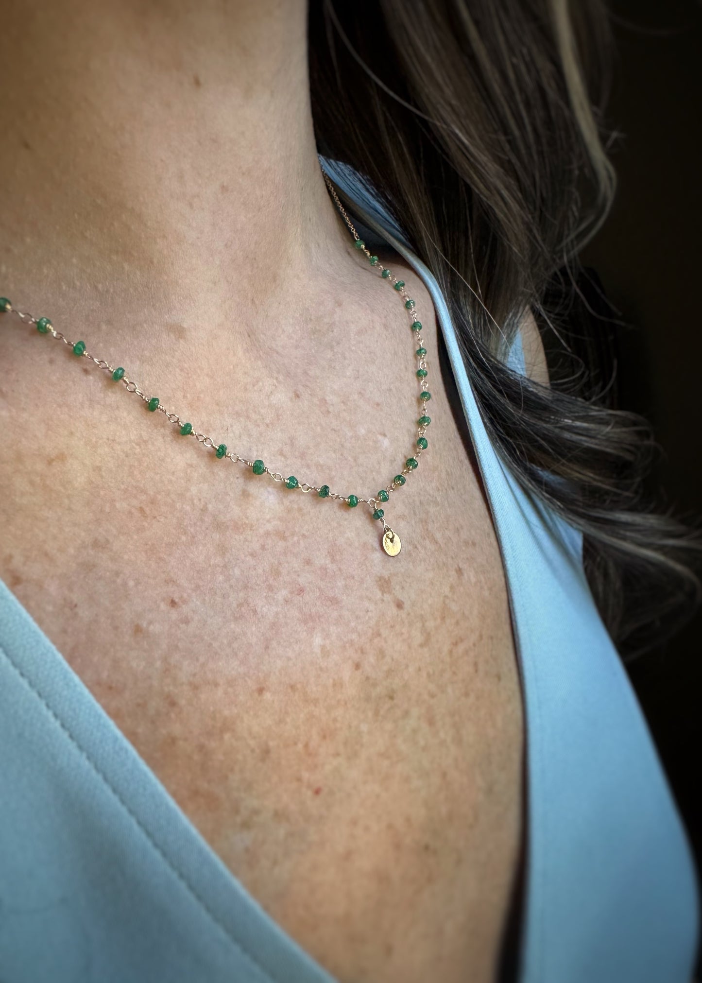 14k + Emerald Beads with Mini Disc Necklace