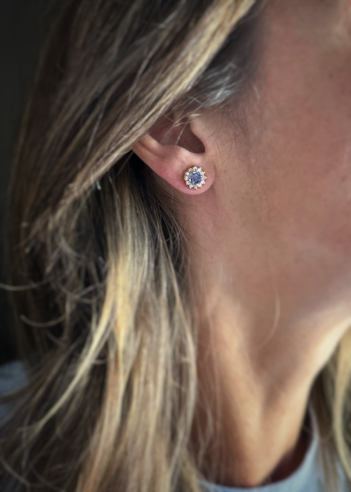 Estate 14k + Tanzanite and Diamond Halo Earrings