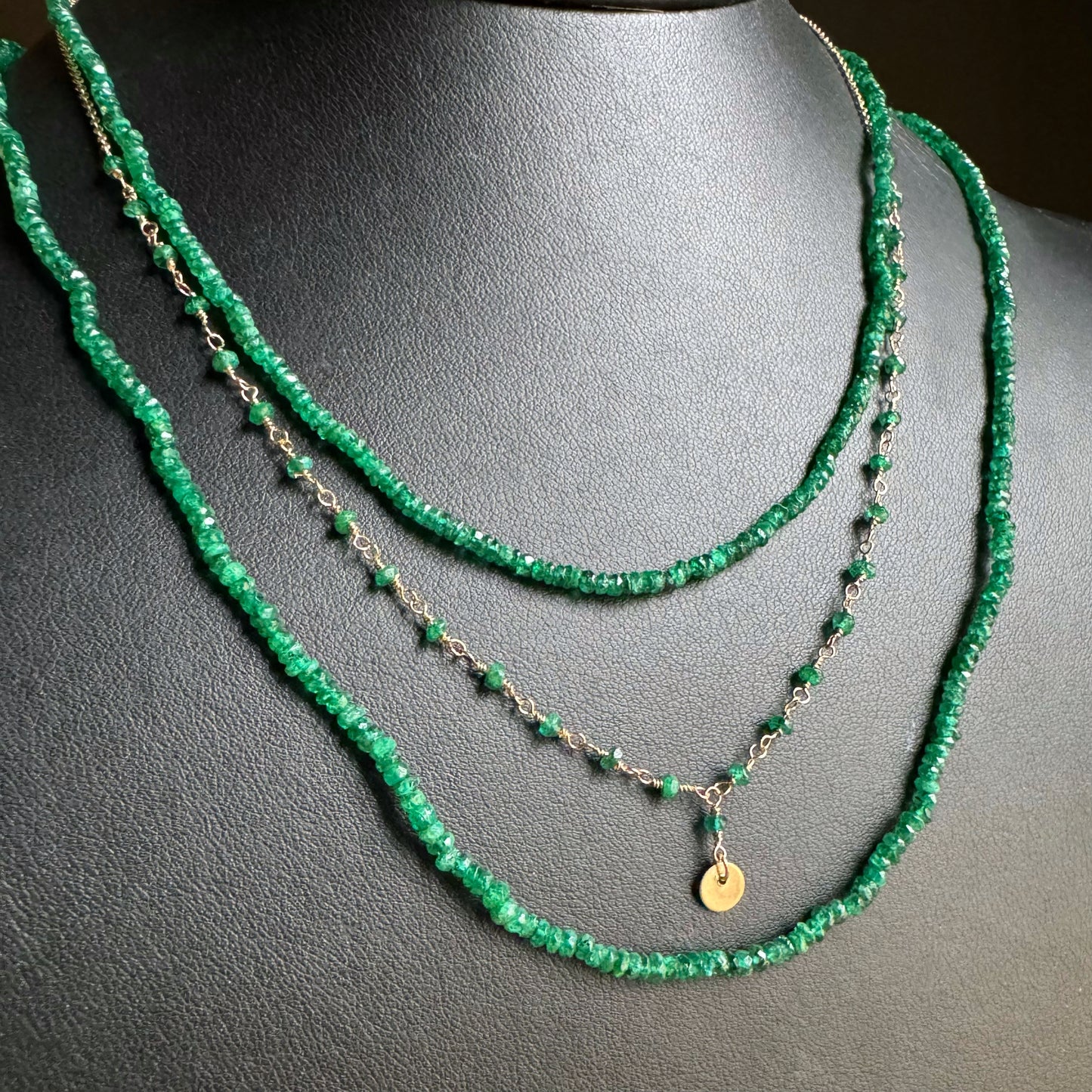14k + Emerald Beads with Mini Disc Necklace