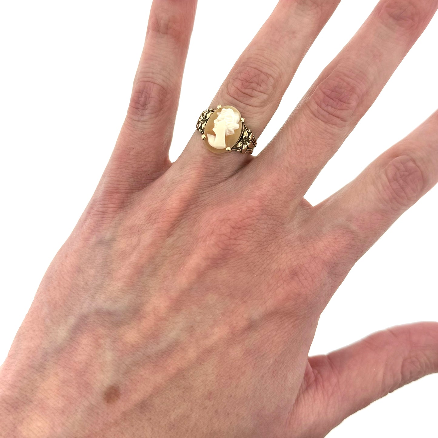 Estate 14k + Shell Cameo Plumeria Ring
