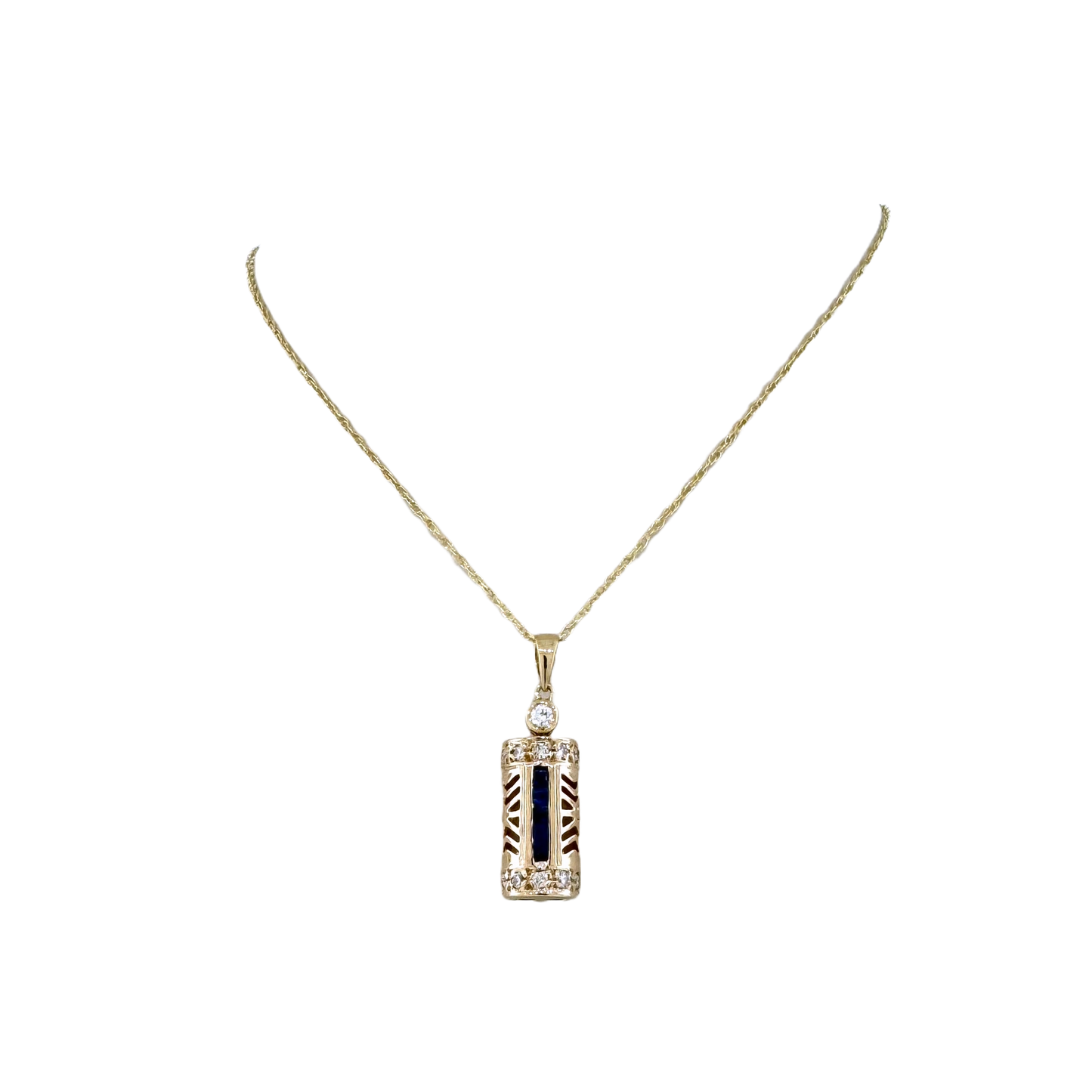 Estate 14k + Sapphire and Diamond Pendant Necklace