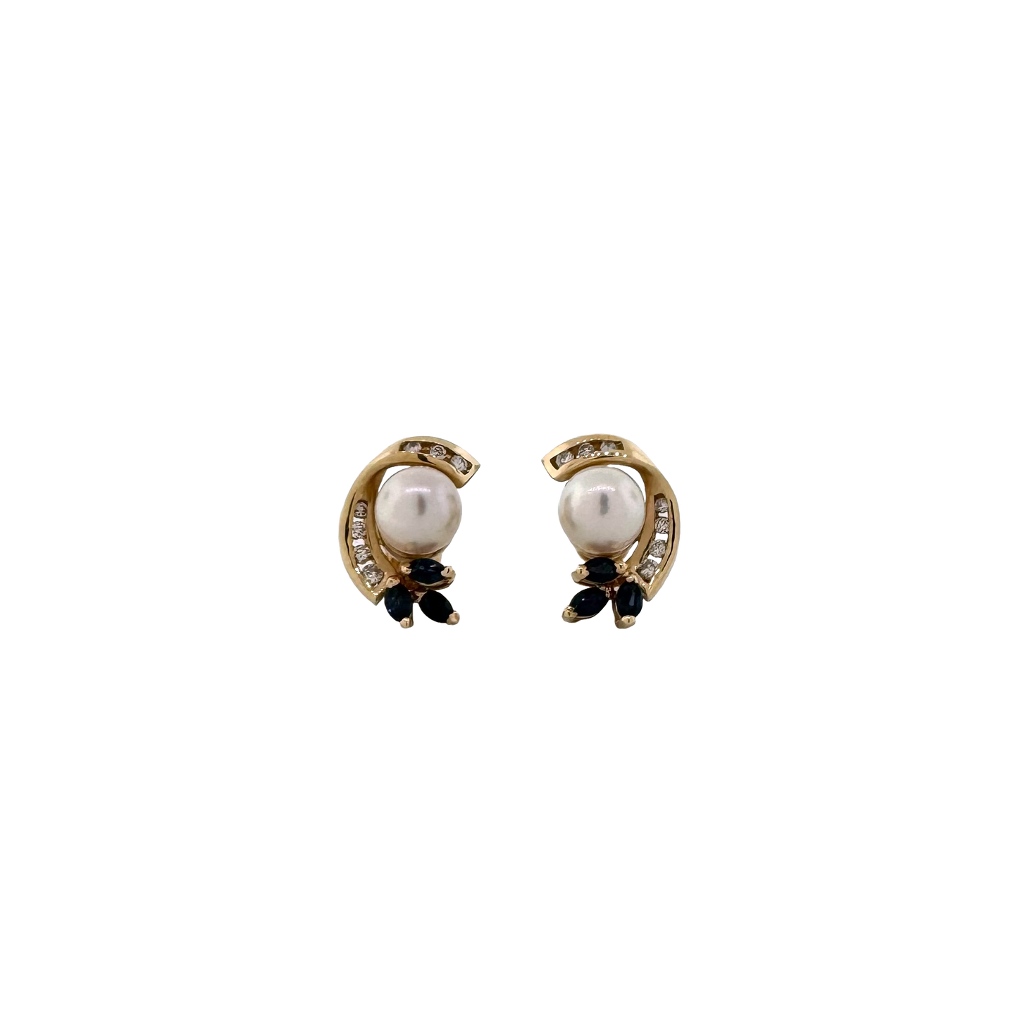 Estate 14k + Pearl Earrings with Sapphires and Diamonds