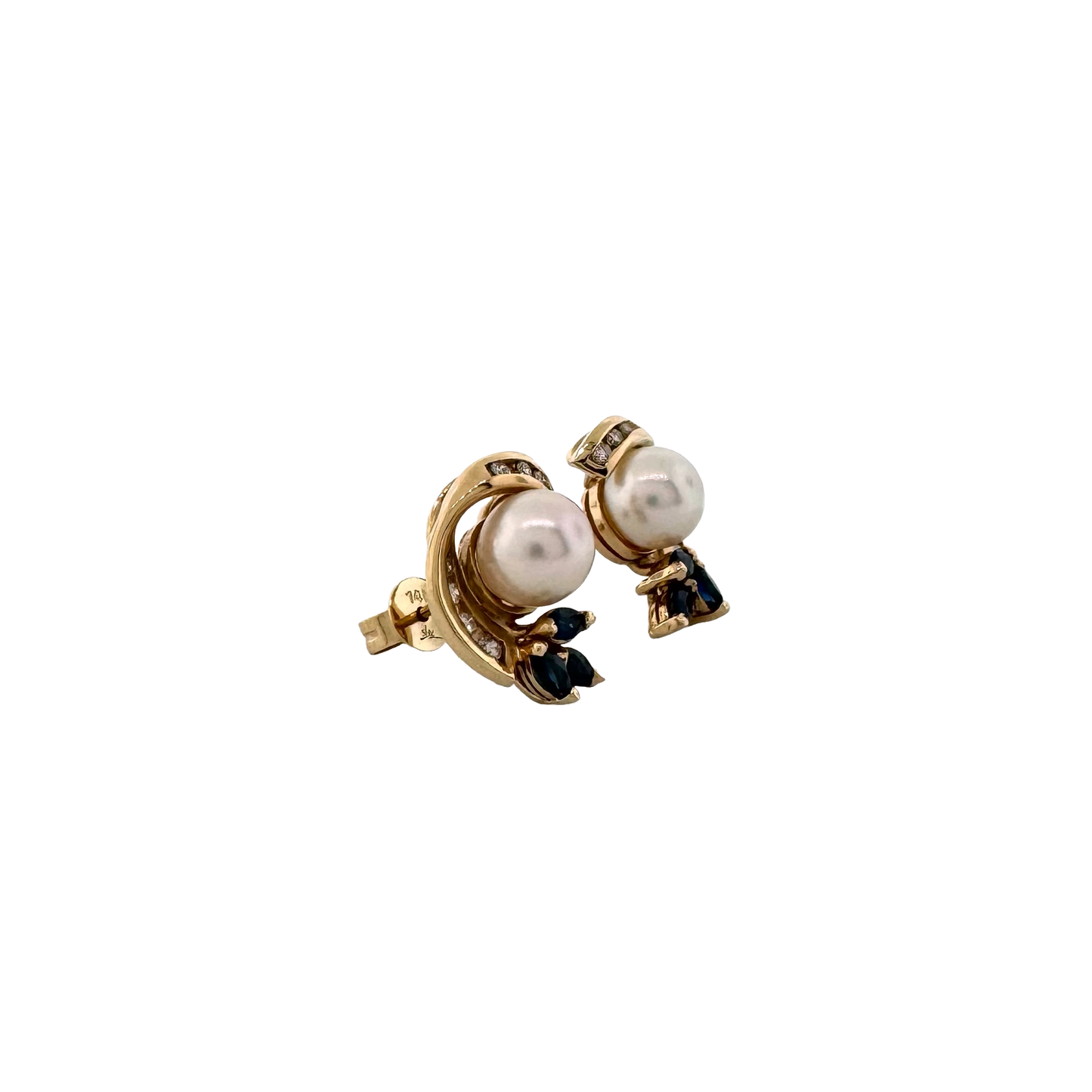 Estate 14k + Pearl Earrings with Sapphires and Diamonds