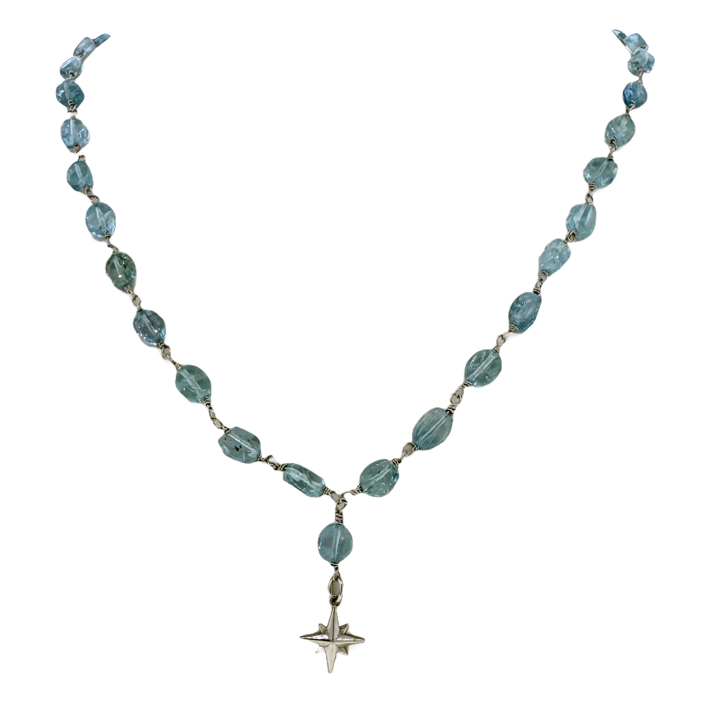 14k + Aquamarine Beaded Chain & Compass Rose Necklace