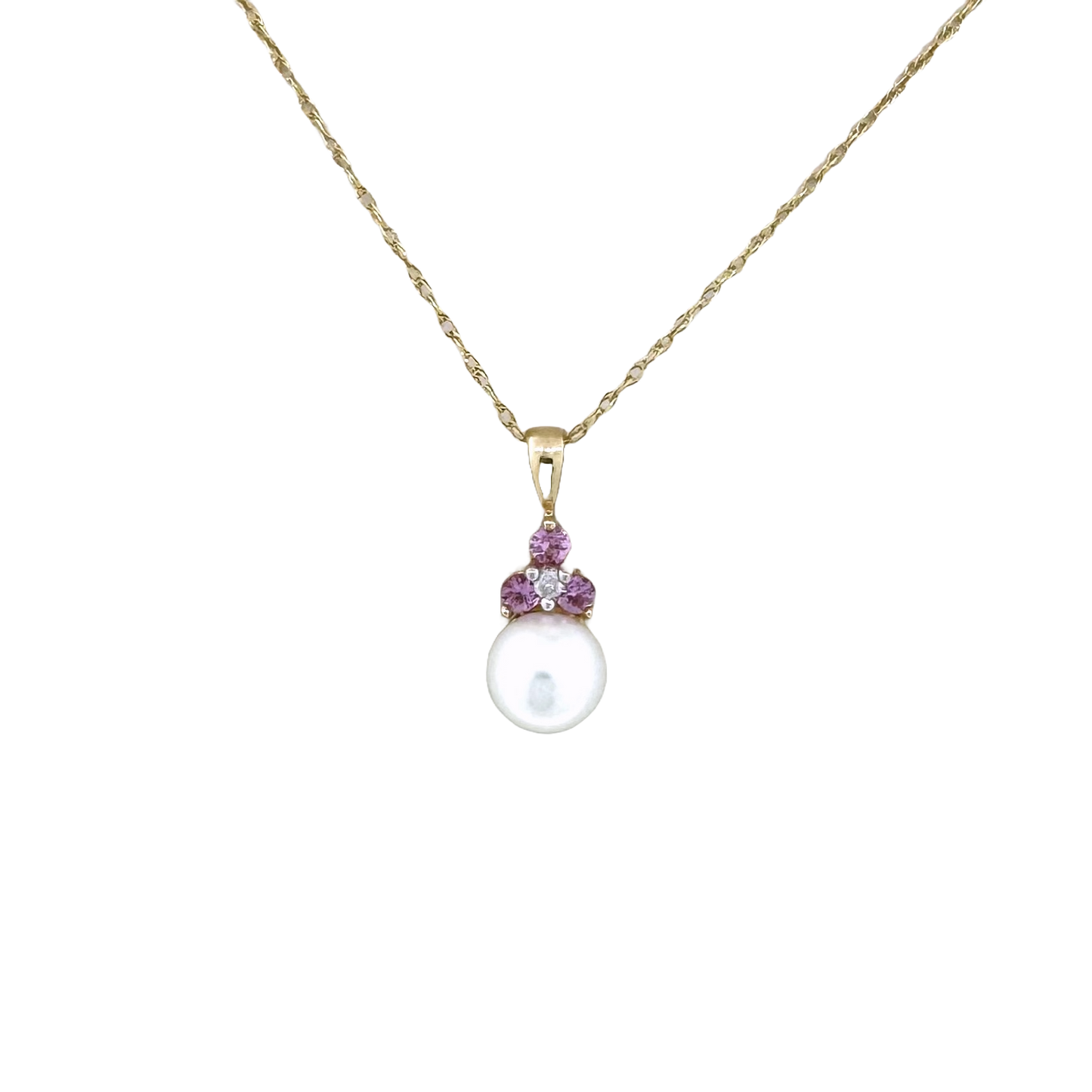 Estate 14k + Pink Sapphire and Pearl Necklace