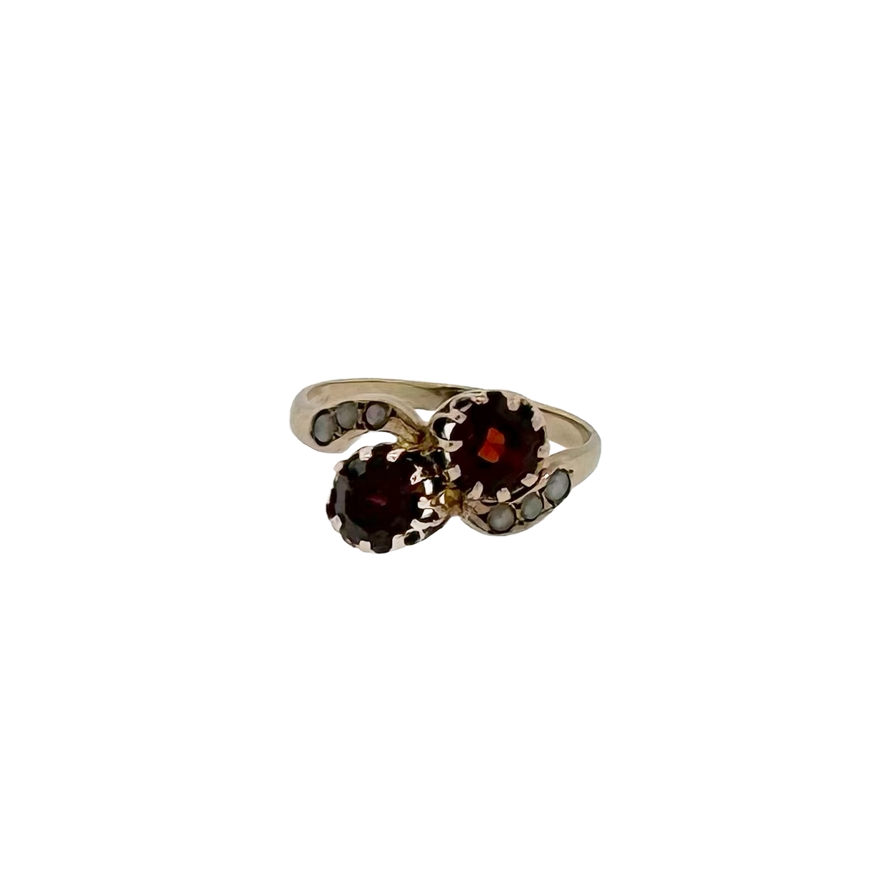 Estate 14k + Garnet and Pearl Toi et Moi Ring