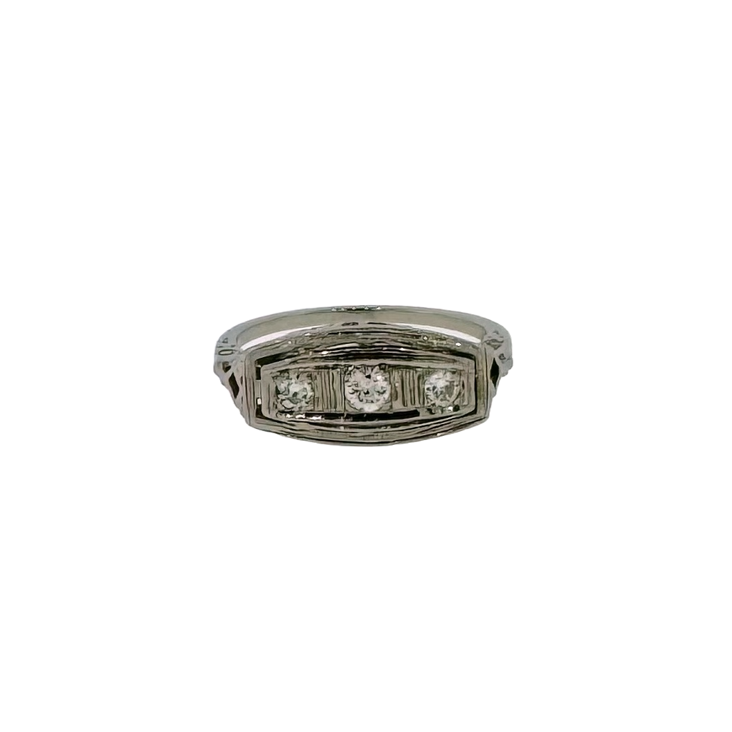 Estate 18k + Diamond Three Stone Filigree Ring