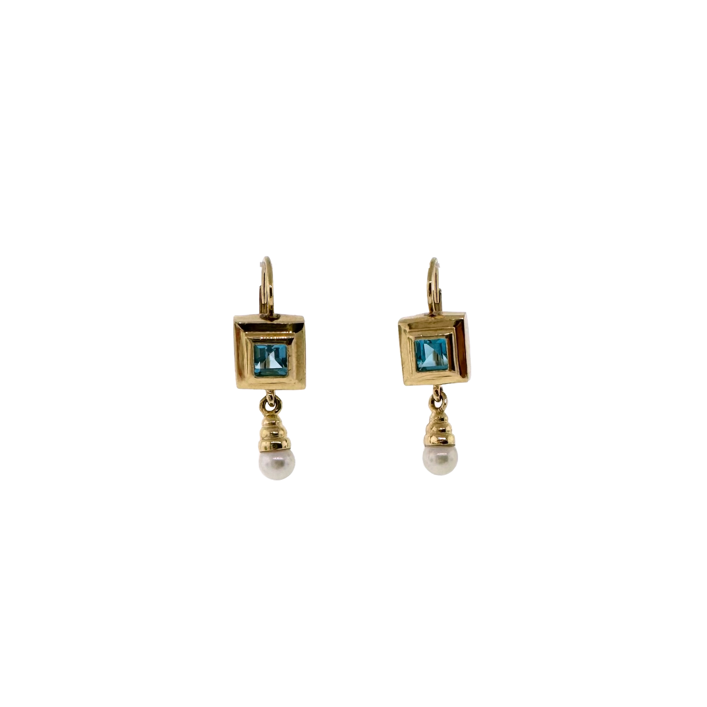 Estate 14k + Blue Topaz and Akoya Pearl Drop Earrings