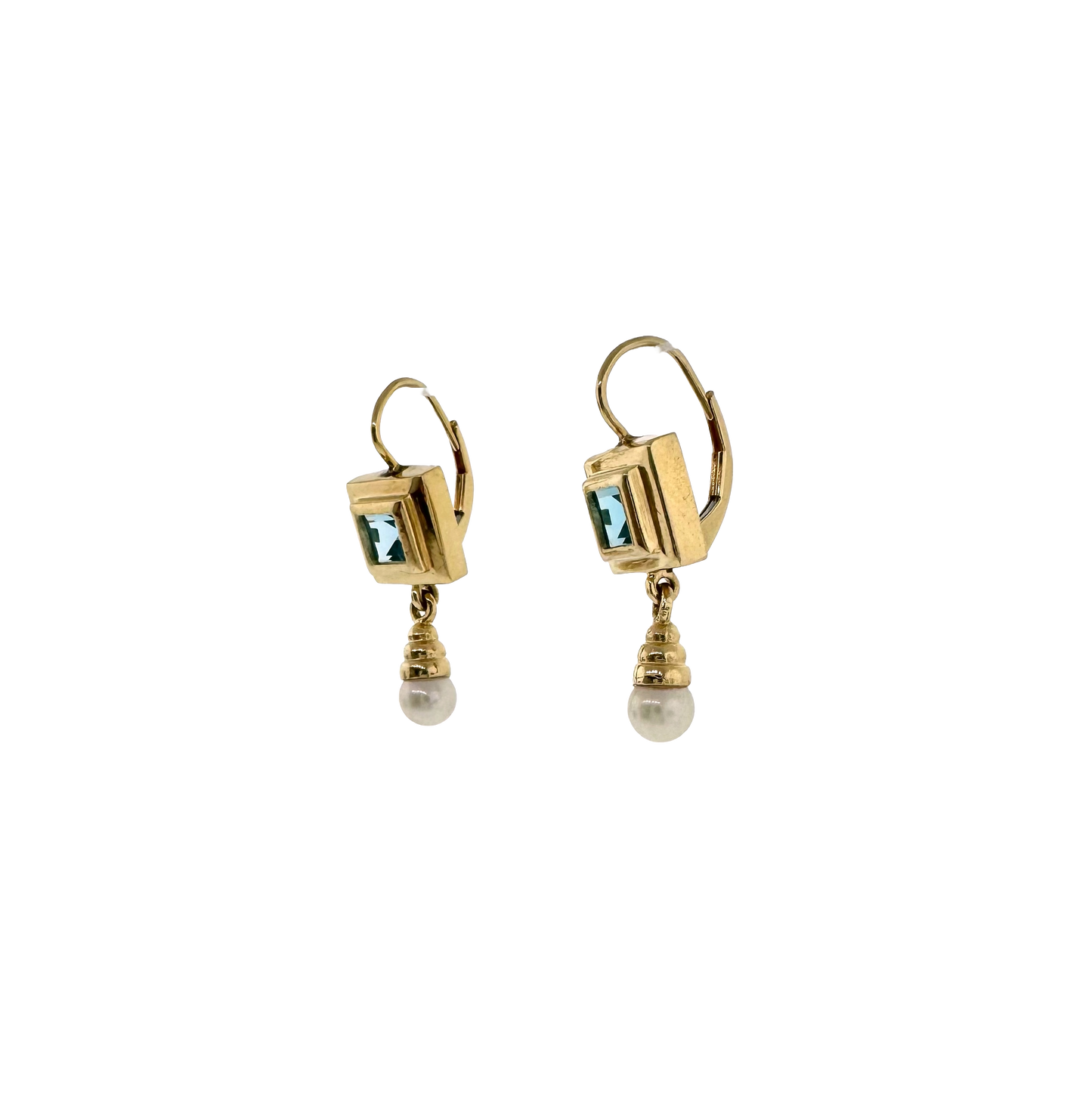Estate 14k + Blue Topaz and Akoya Pearl Drop Earrings