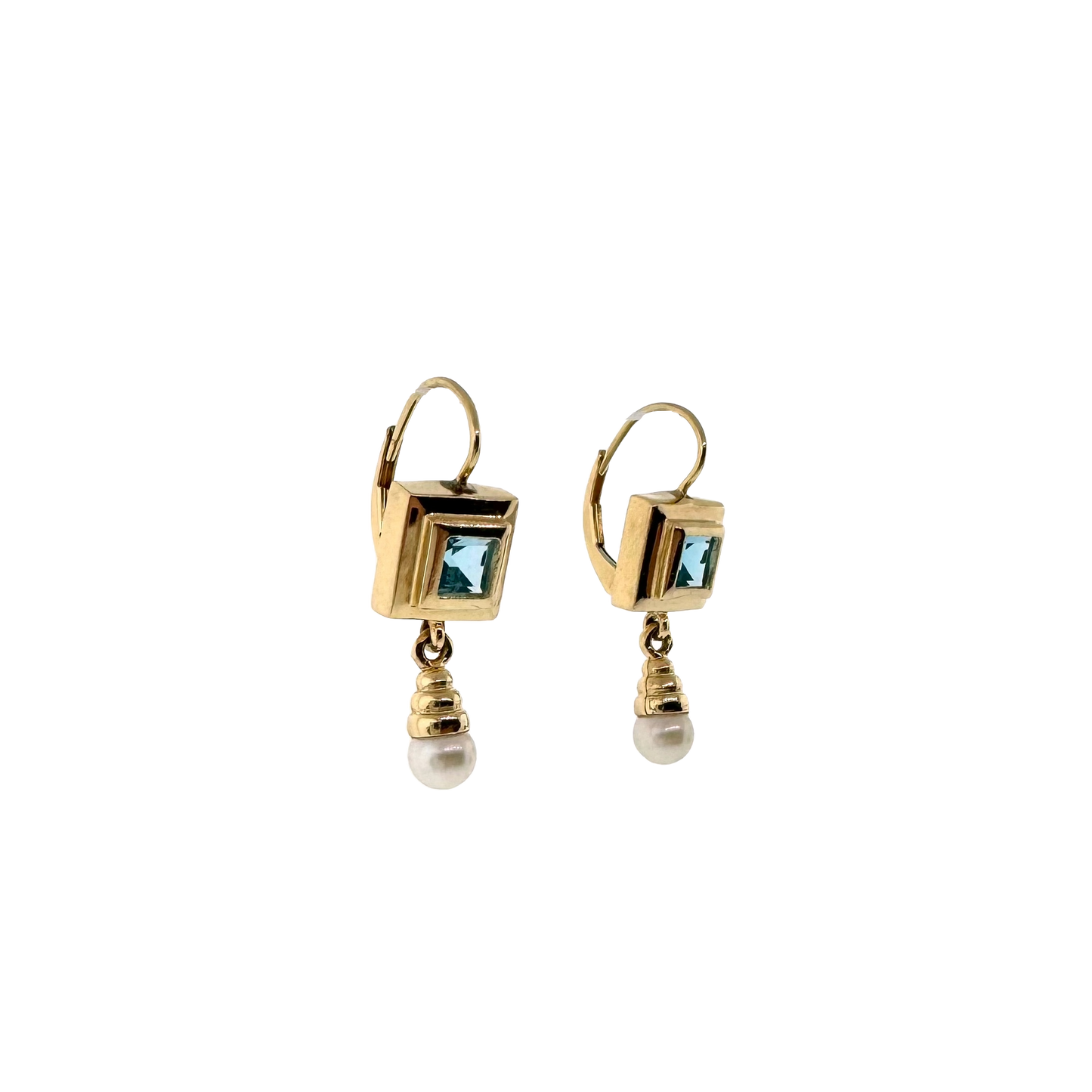 Estate 14k + Blue Topaz and Akoya Pearl Drop Earrings