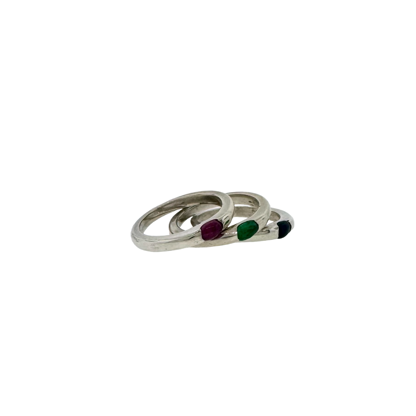 Estate Retro Sterling Silver + Gemstone Trio Stack