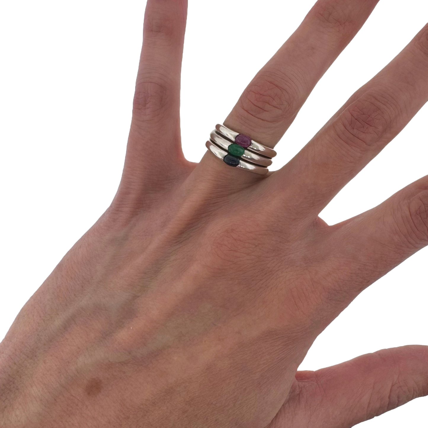 Estate Retro Sterling Silver + Gemstone Trio Stack