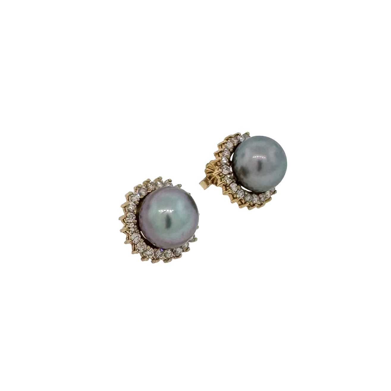 Estate 14k + Tahitian Pearl and Diamond Halo Earrings