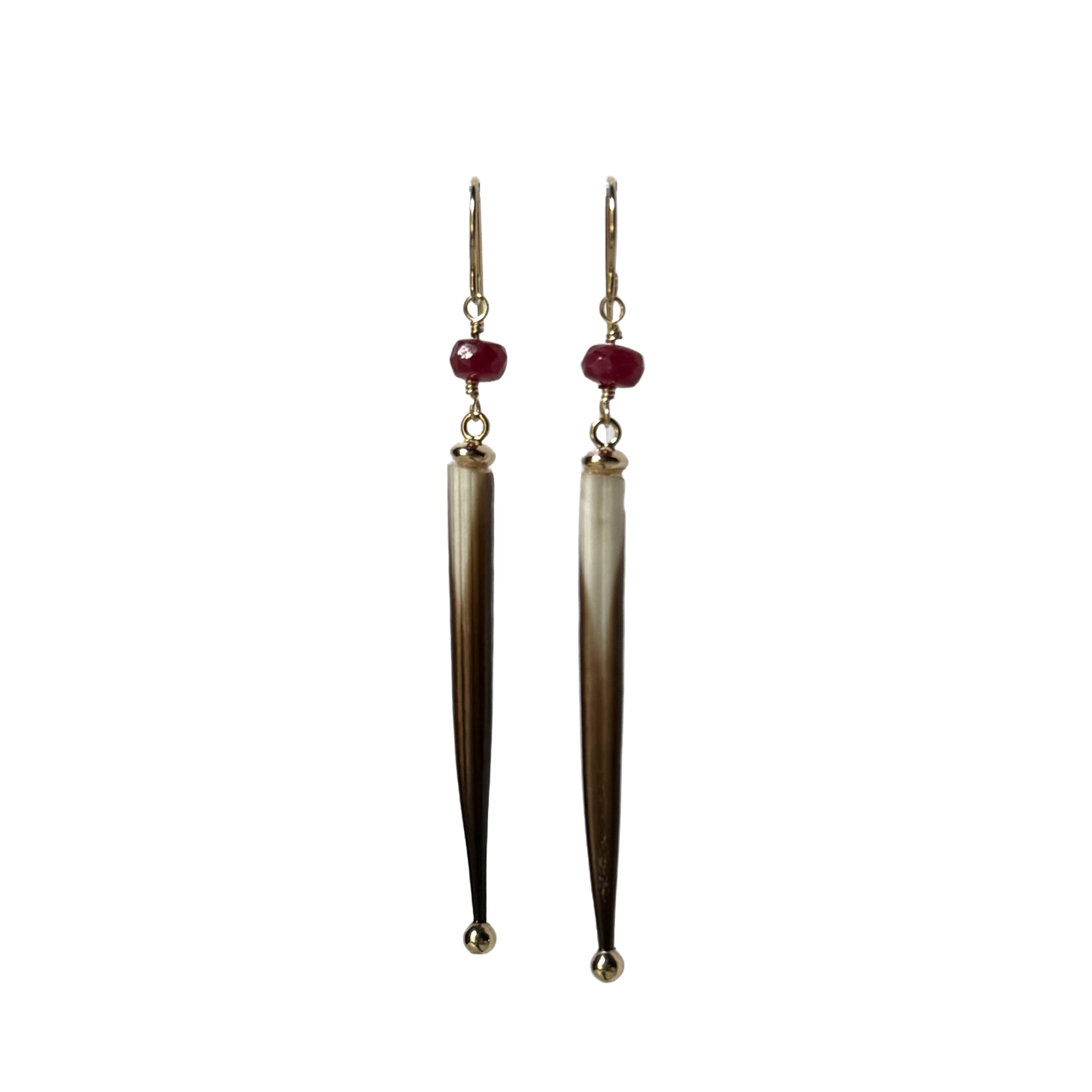 14k + Porcupine Quill and Ruby Earrings
