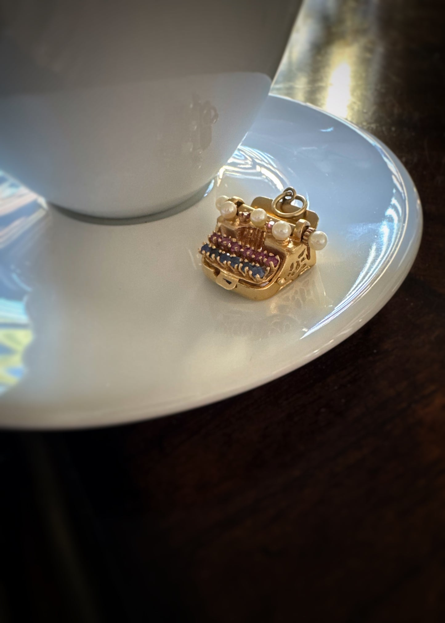 Vintage 14k + Sapphire Ruby and Pearl Typewriter Charm