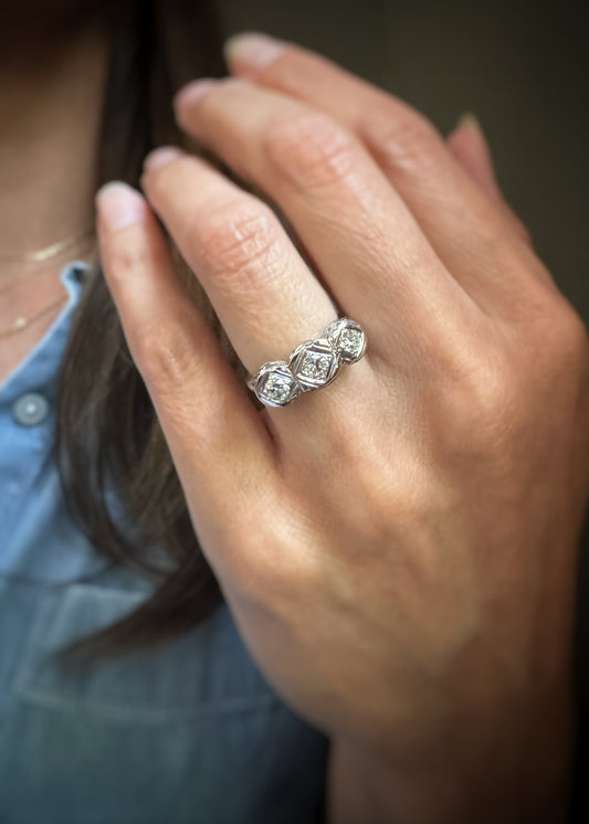Estate 14k + Diamond Three Stone Filigree Ring