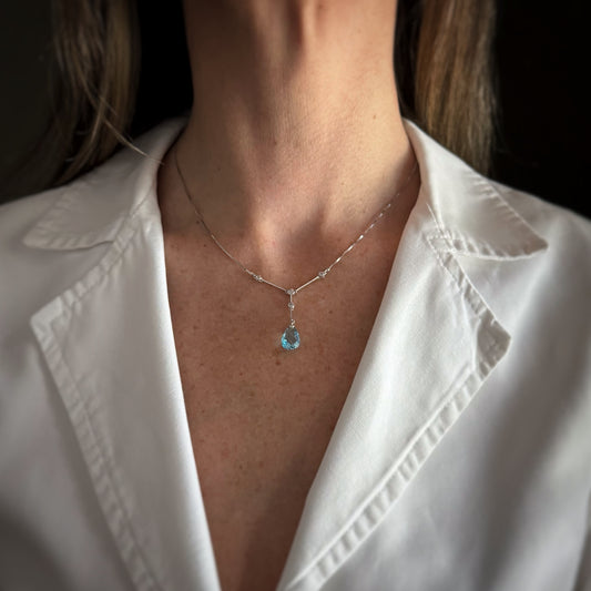 Estate 14k + Blue Topaz and Diamond Lariat 17" Necklace