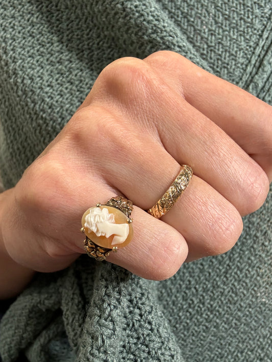 Estate 14k + Shell Cameo Plumeria Ring