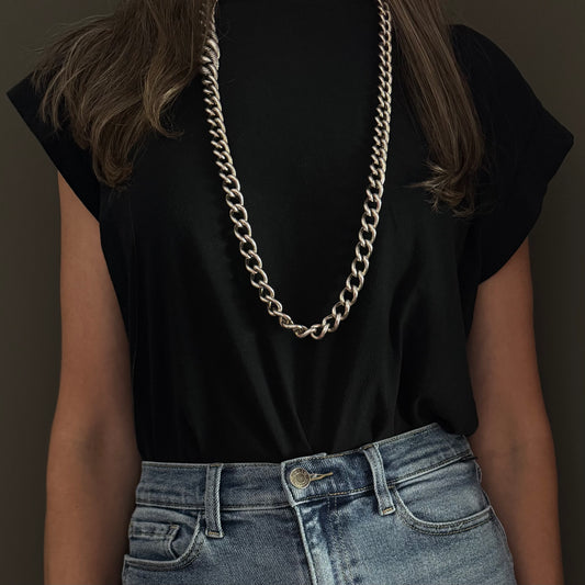 Estate Designer Sterling Silver + Belmont Curb Chain 36" Necklace