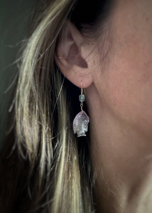 14k + Aquamarine and Ametrine Fish Earrings