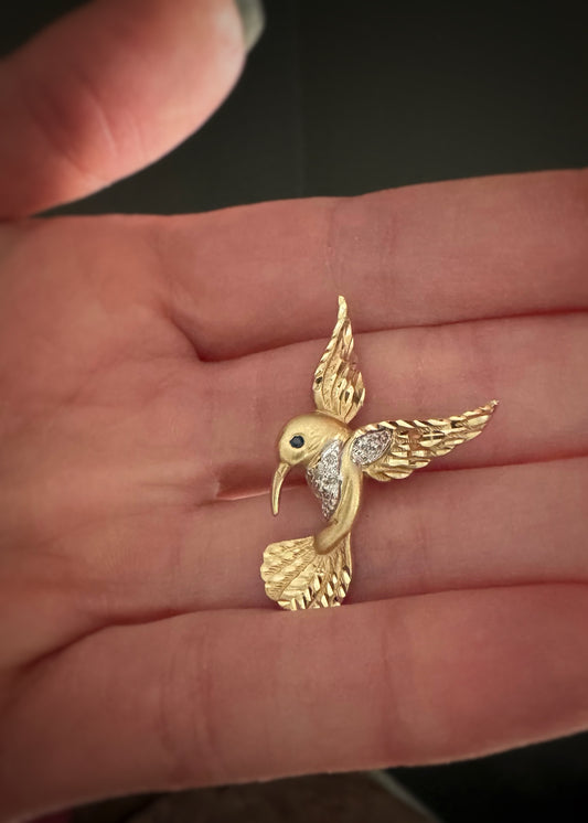 Estate 14k + Sapphire Hummingbird Pendant